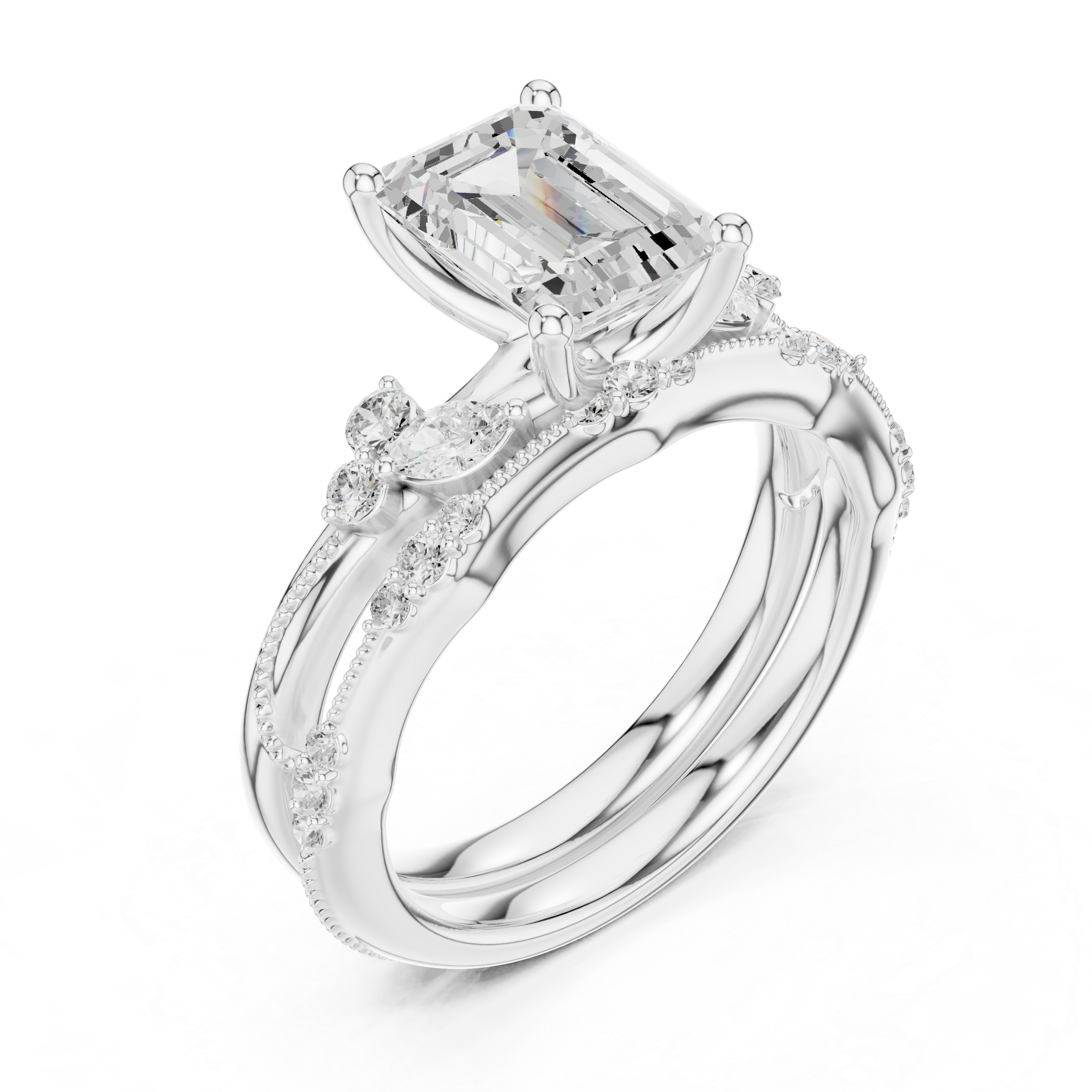 2.37 CT Emerald Cut Diamond Bridal Ring Set with Marquise Accents
