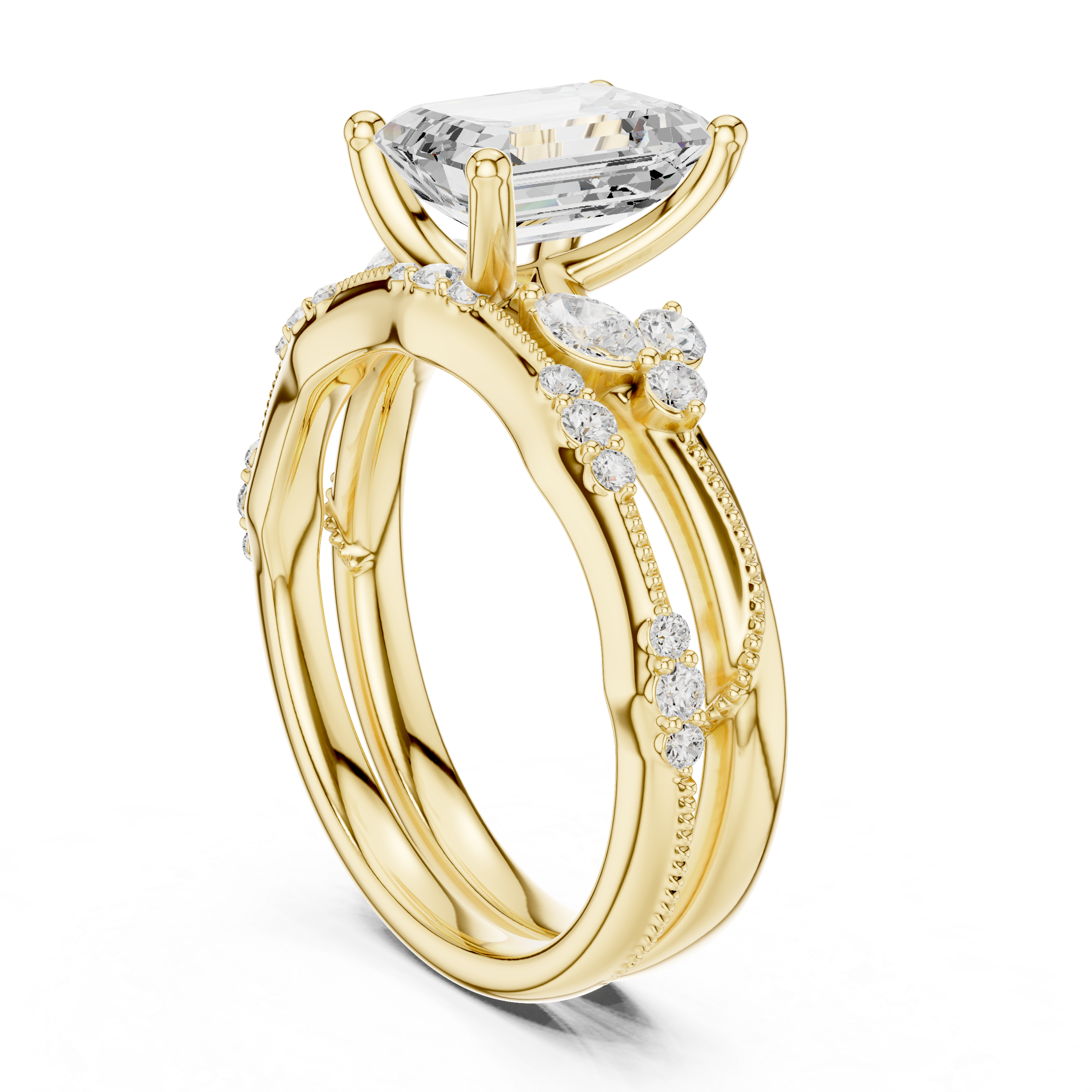 2.37 CT Emerald Cut Diamond Bridal Ring Set with Marquise Accents