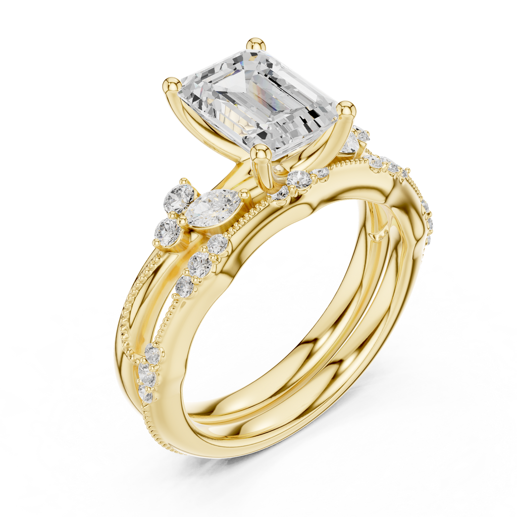 2.37 CT Emerald Cut Diamond Bridal Ring Set with Marquise Accents