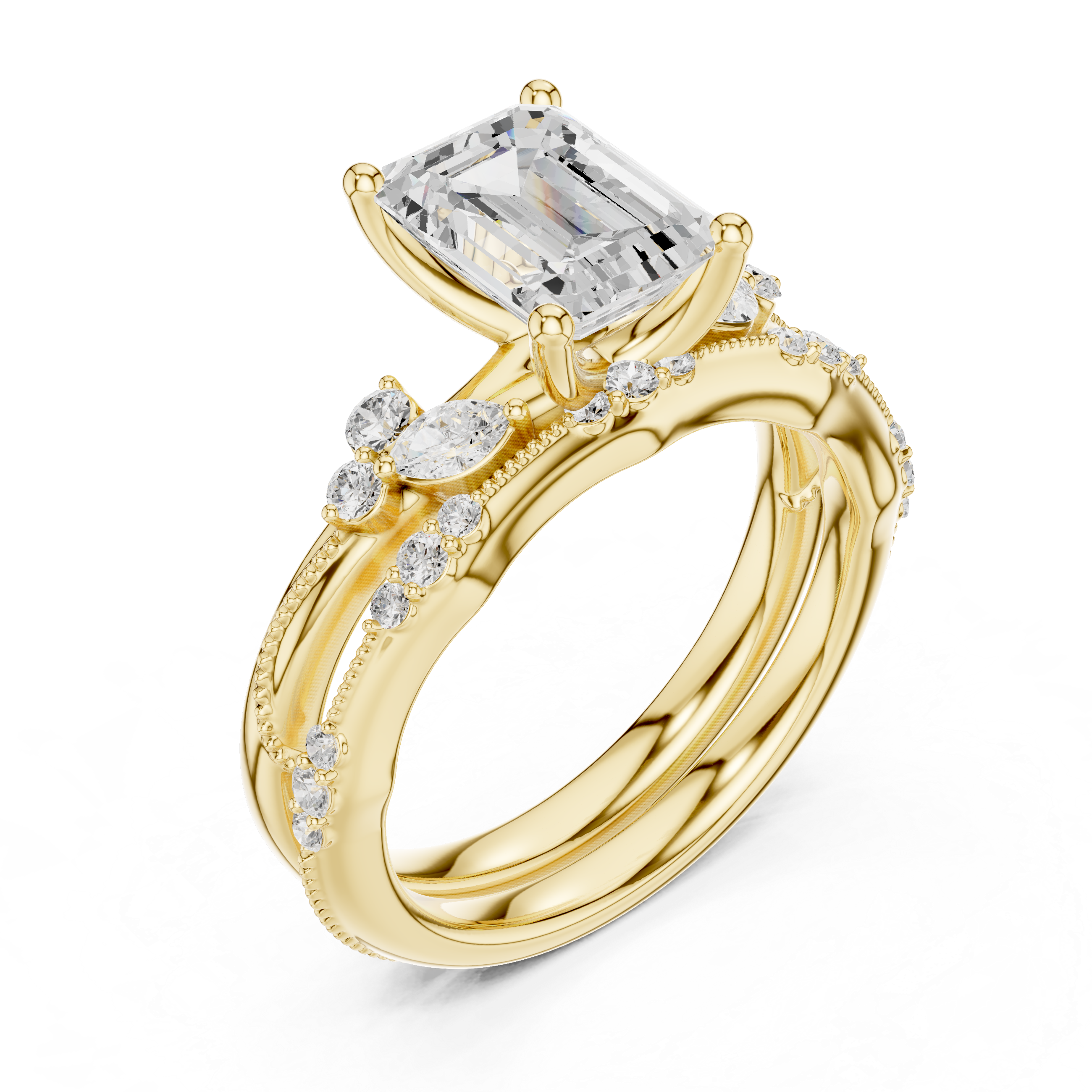 2.37 CT Emerald Cut Diamond Bridal Ring Set with Marquise Accents