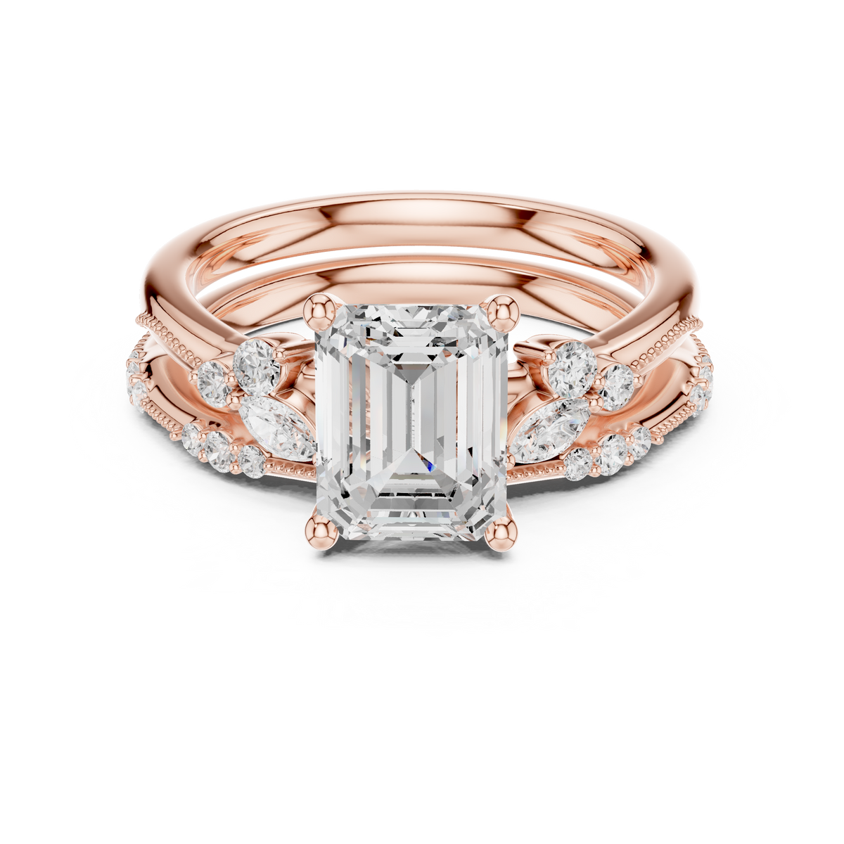 Emerald Cut Diamond Bridal Ring Set with Marquise Accents – view 5 of 12, lab grown diamond ring | Jewelix Atelier