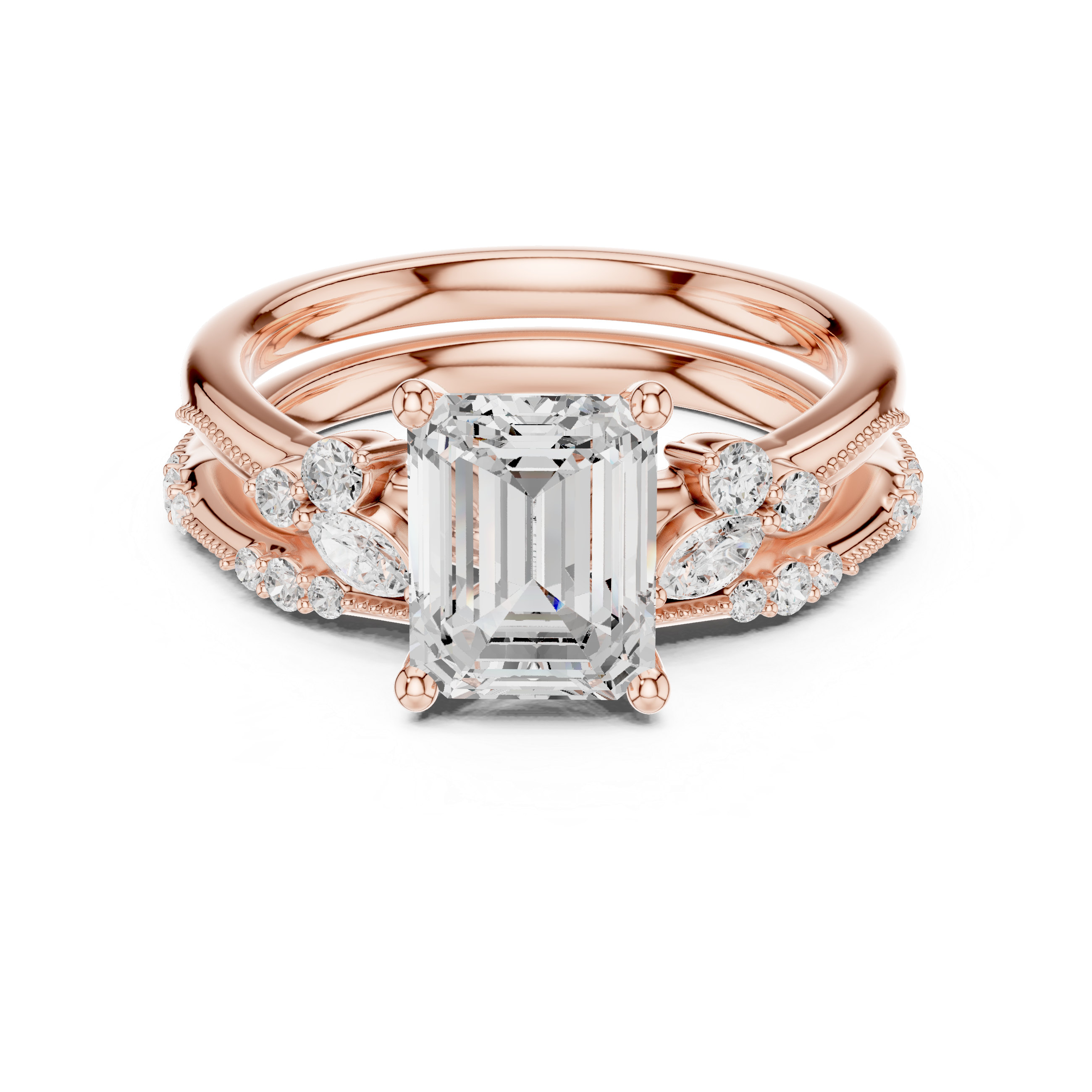 2.37 CT Emerald Cut Diamond Bridal Ring Set with Marquise Accents