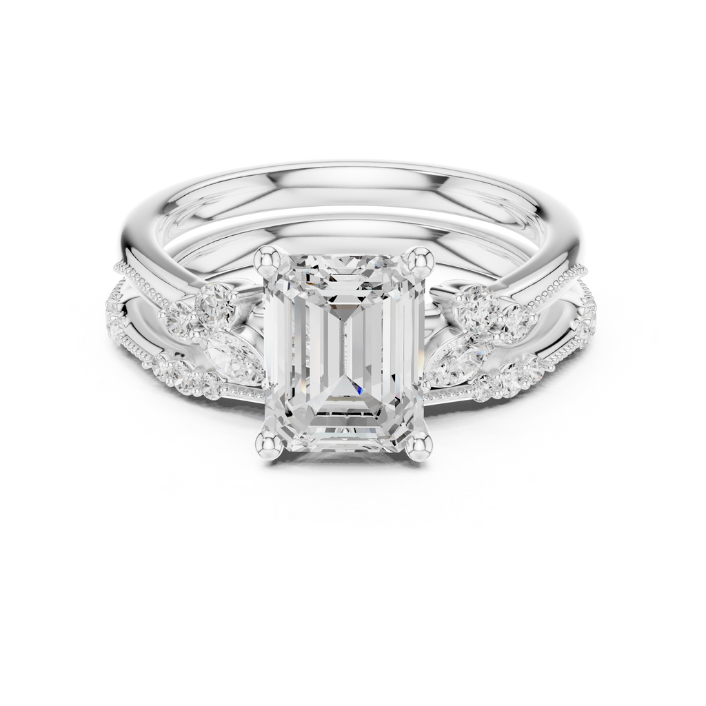 2.37 CT Emerald Cut Diamond Bridal Ring Set with Marquise Accents