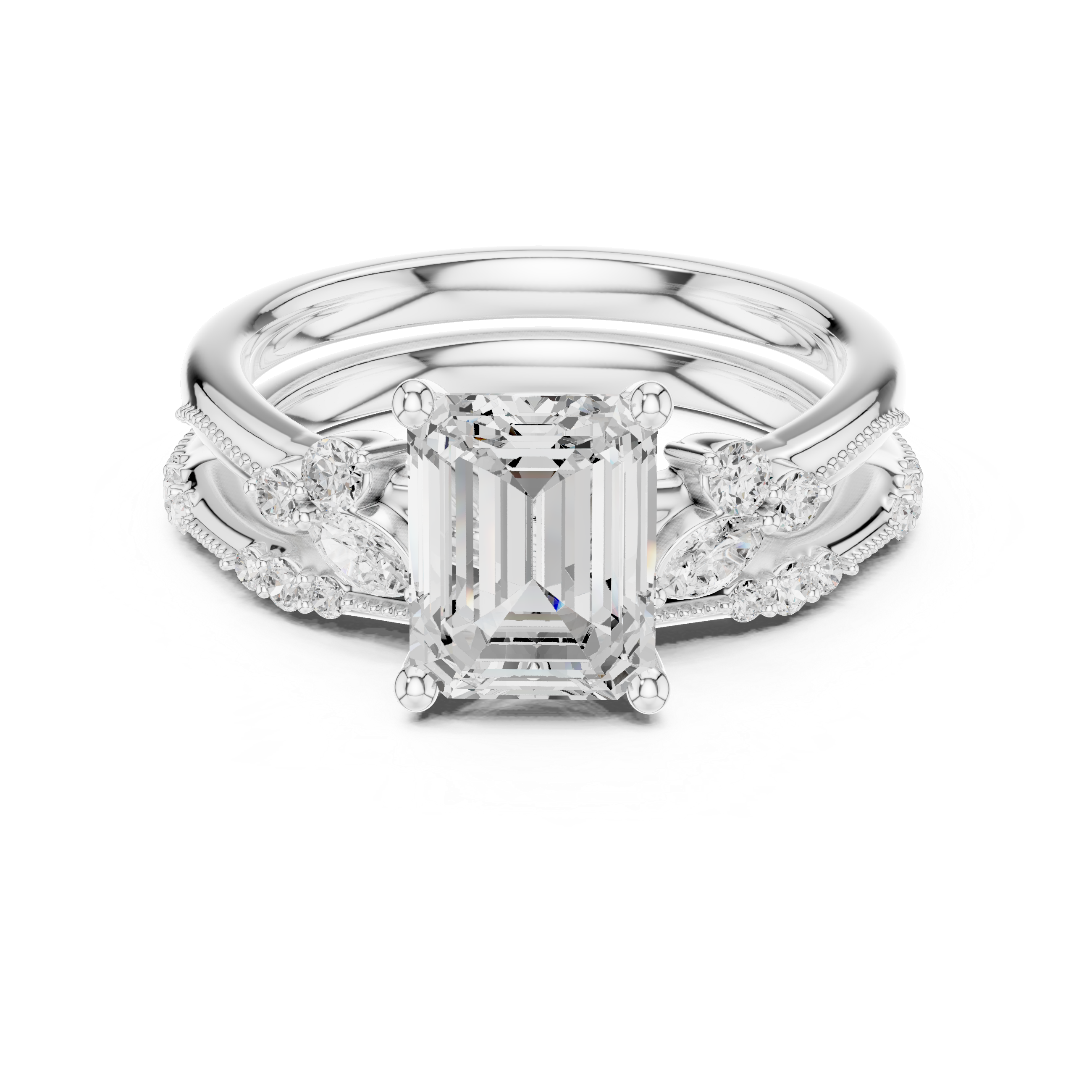2.37 CT Emerald Cut Diamond Bridal Ring Set with Marquise Accents