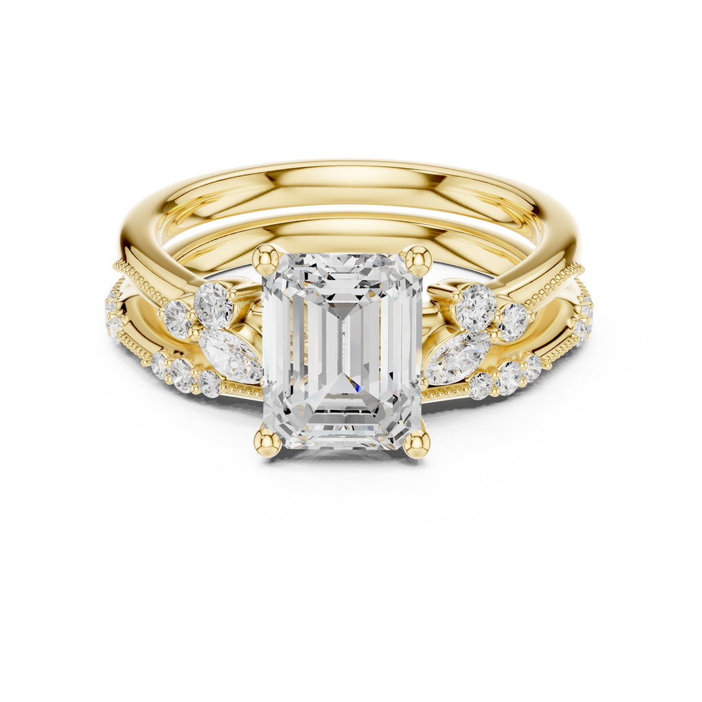 2.37 CT Emerald Cut Diamond Bridal Ring Set with Marquise Accents