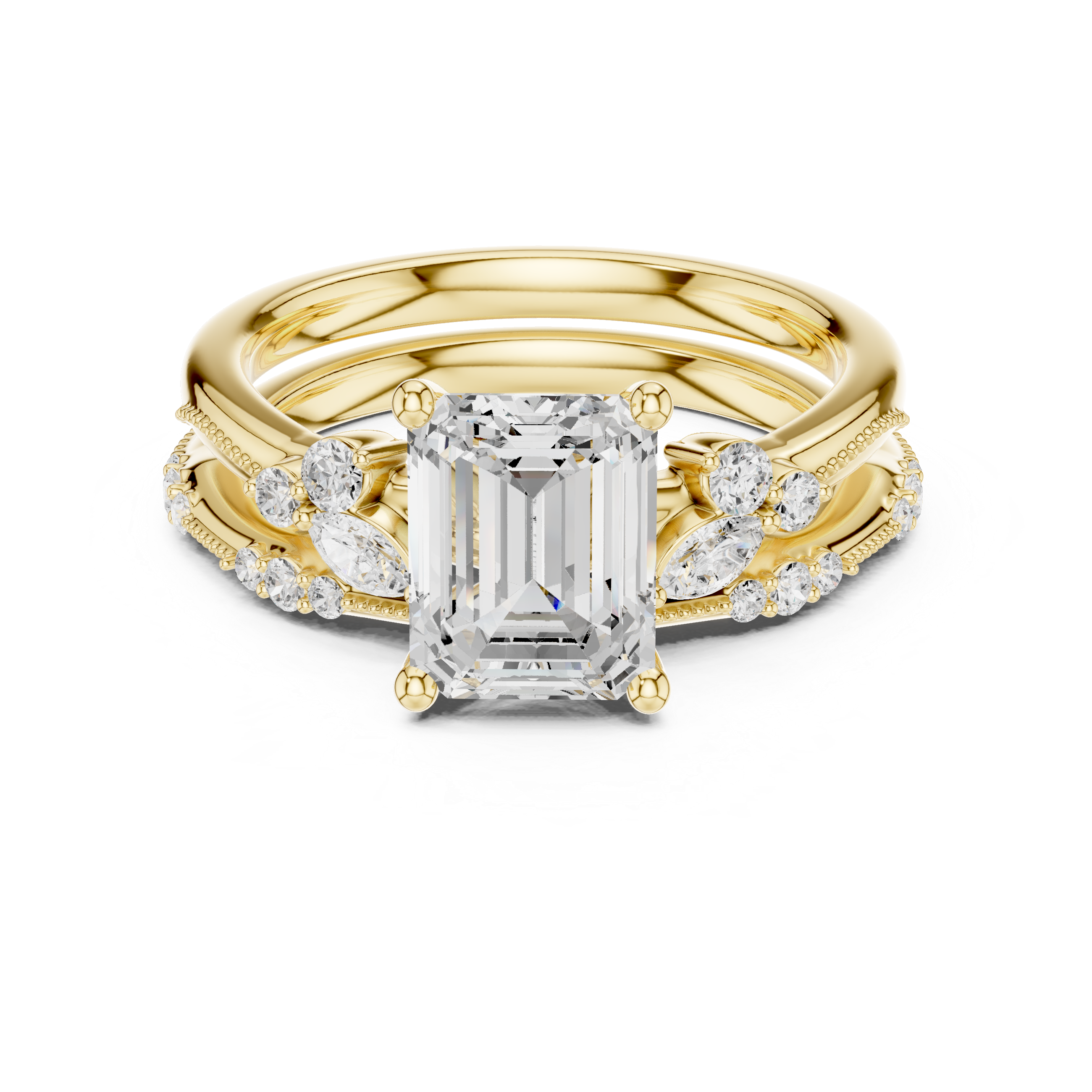 2.37 CT Emerald Cut Diamond Bridal Ring Set with Marquise Accents
