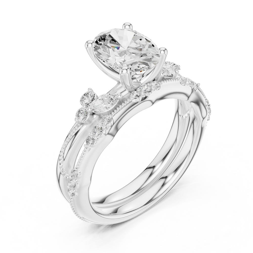2.37 CT Oval Cut Diamond Bridal Ring Set with Marquise Accents