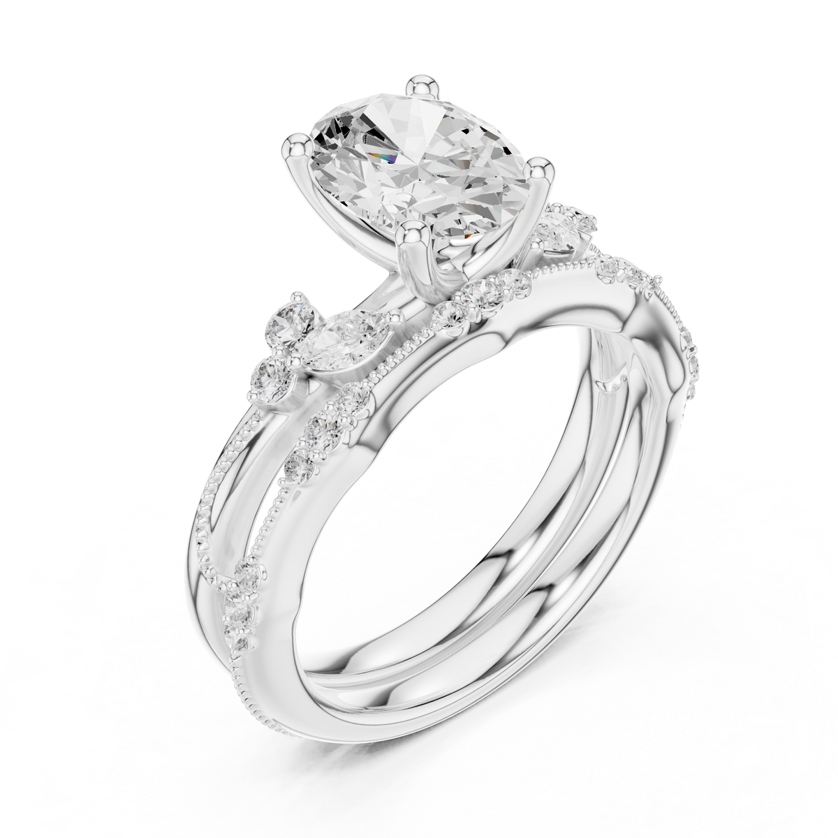 Oval Cut Diamond Bridal Ring Set with Marquise Accents – view 3 of 12, lab grown diamond ring | Jewelix Atelier