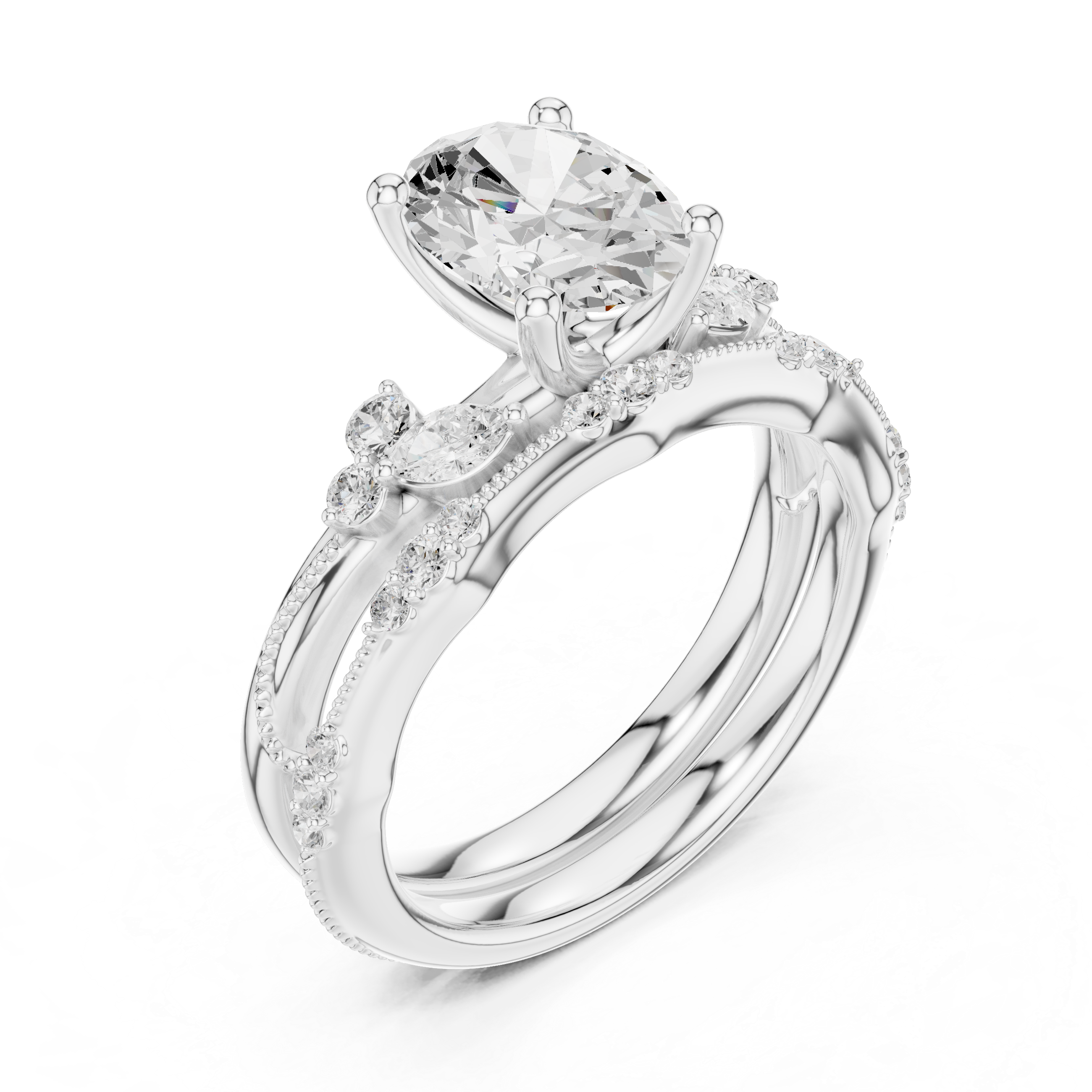2.37 CT Oval Cut Diamond Bridal Ring Set with Marquise Accents