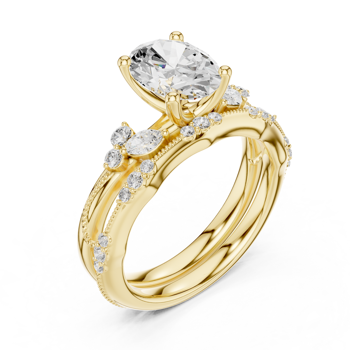 Oval Cut Diamond Bridal Ring Set with Marquise Accents – view 11 of 12, lab grown diamond ring | Jewelix Atelier
