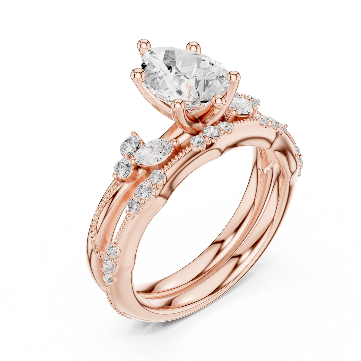 Pear Cut Diamond Bridal Ring Set with Marquise Accents – view 7 of 12, lab grown diamond ring | Jewelix Atelier