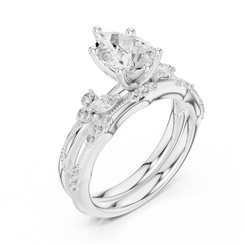 2.37 CT Pear Cut Diamond Bridal Ring Set with Marquise Accents
