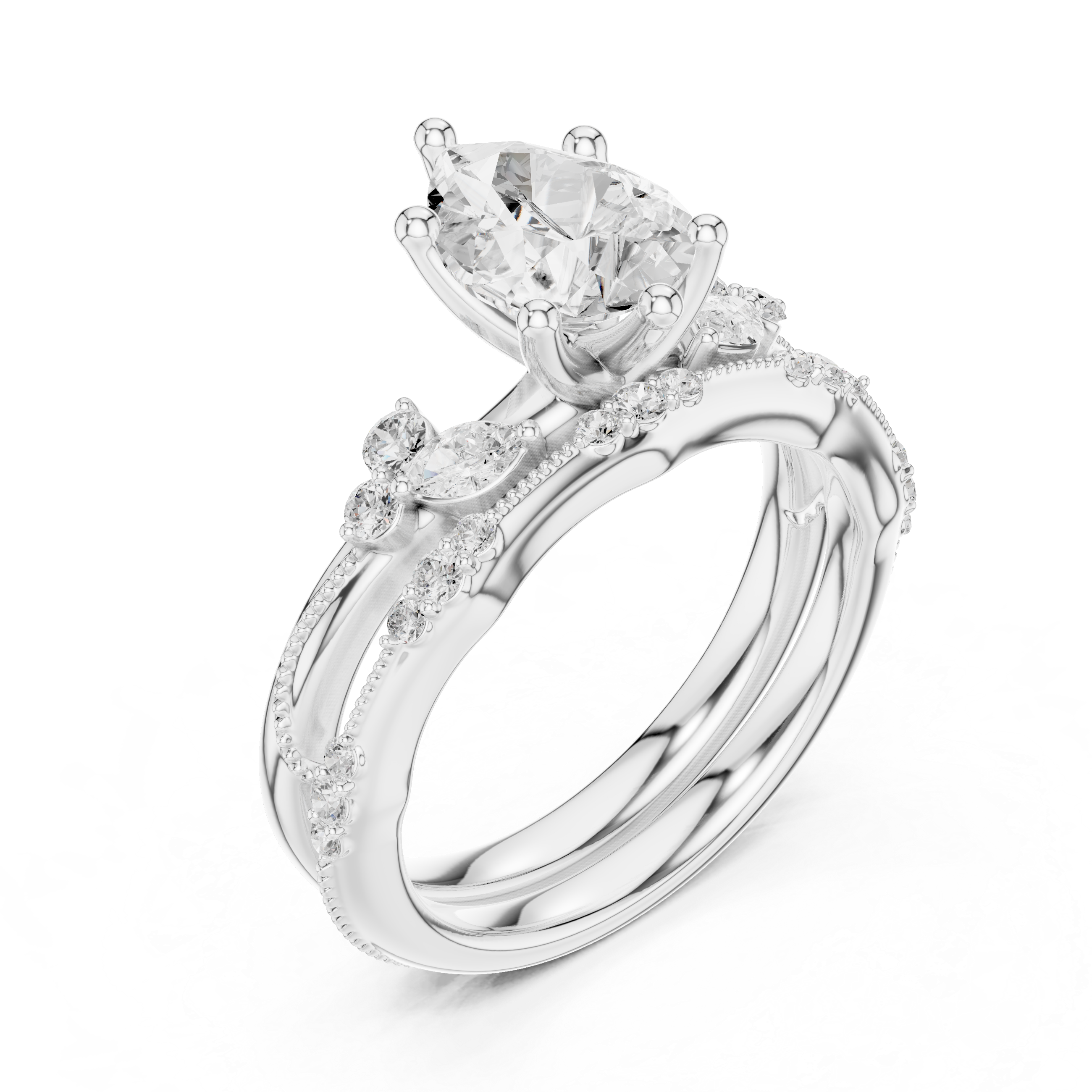 2.37 CT Pear Cut Diamond Bridal Ring Set with Marquise Accents