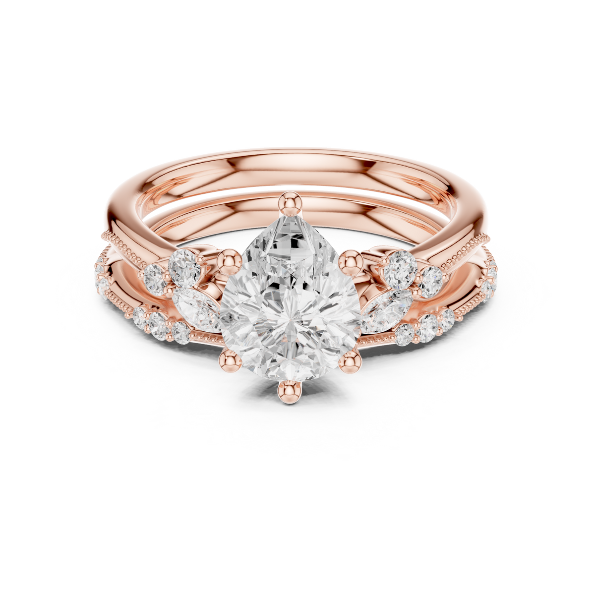 Pear Cut Diamond Bridal Ring Set with Marquise Accents – view 5 of 12, lab grown diamond ring | Jewelix Atelier