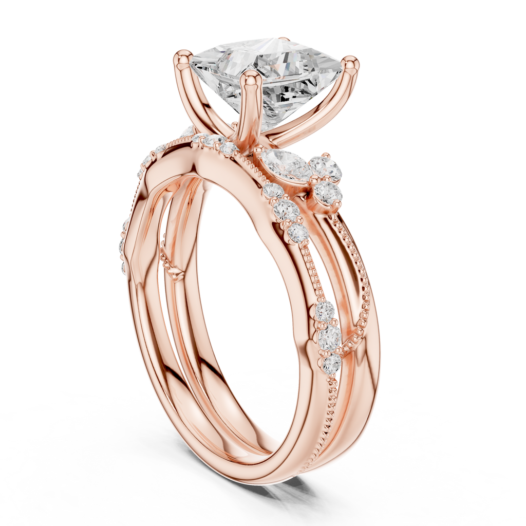 2.37 CT Princess Cut Diamond Bridal Ring Set with Marquise Accents