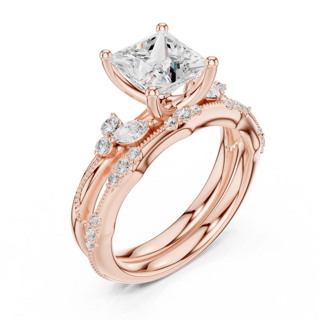 2.37 CT Princess Cut Diamond Bridal Ring Set with Marquise Accents