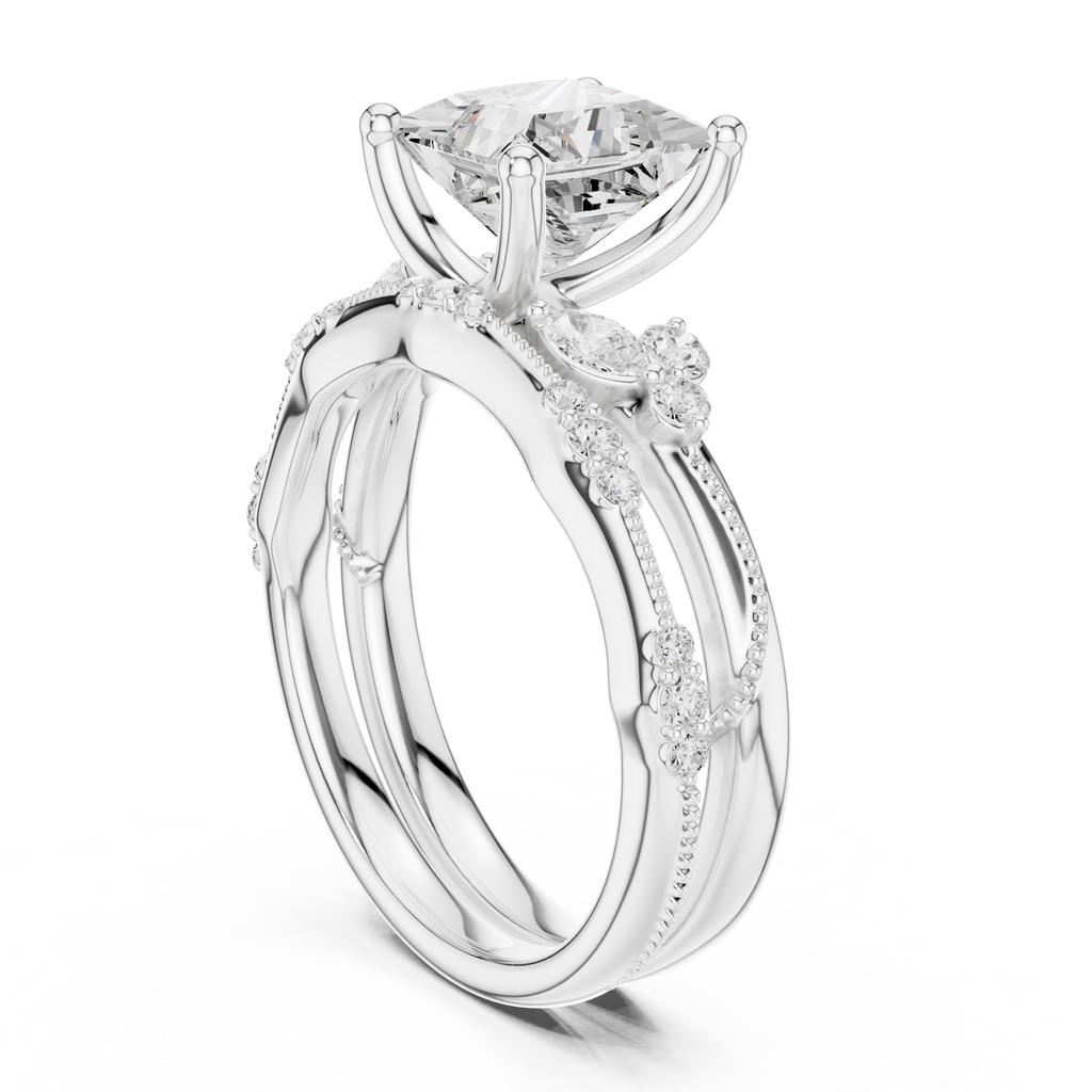 2.37 CT Princess Cut Diamond Bridal Ring Set with Marquise Accents