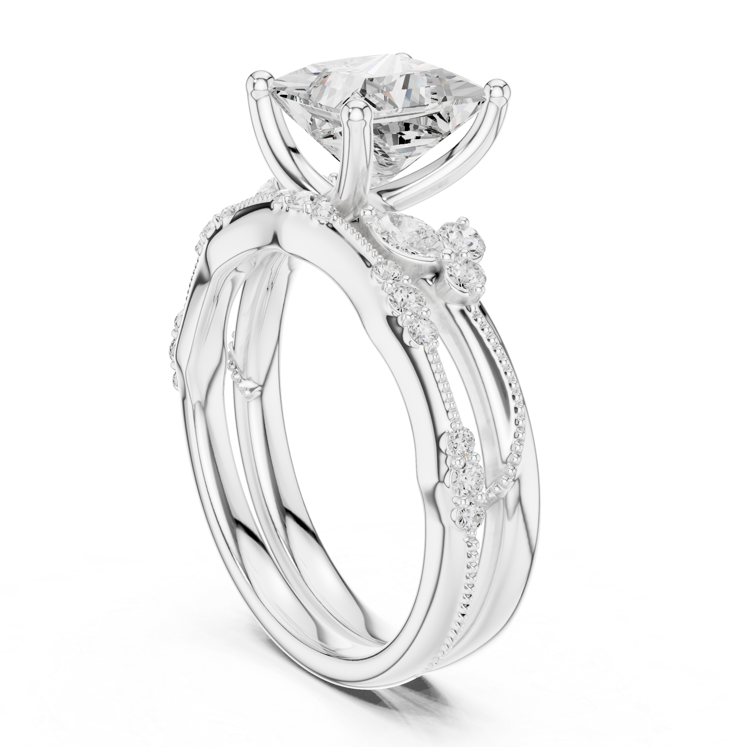 2.37 CT Princess Cut Diamond Bridal Ring Set with Marquise Accents