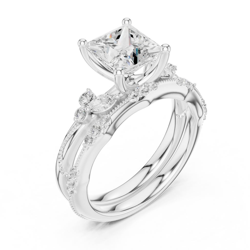 2.37 CT Princess Cut Diamond Bridal Ring Set with Marquise Accents