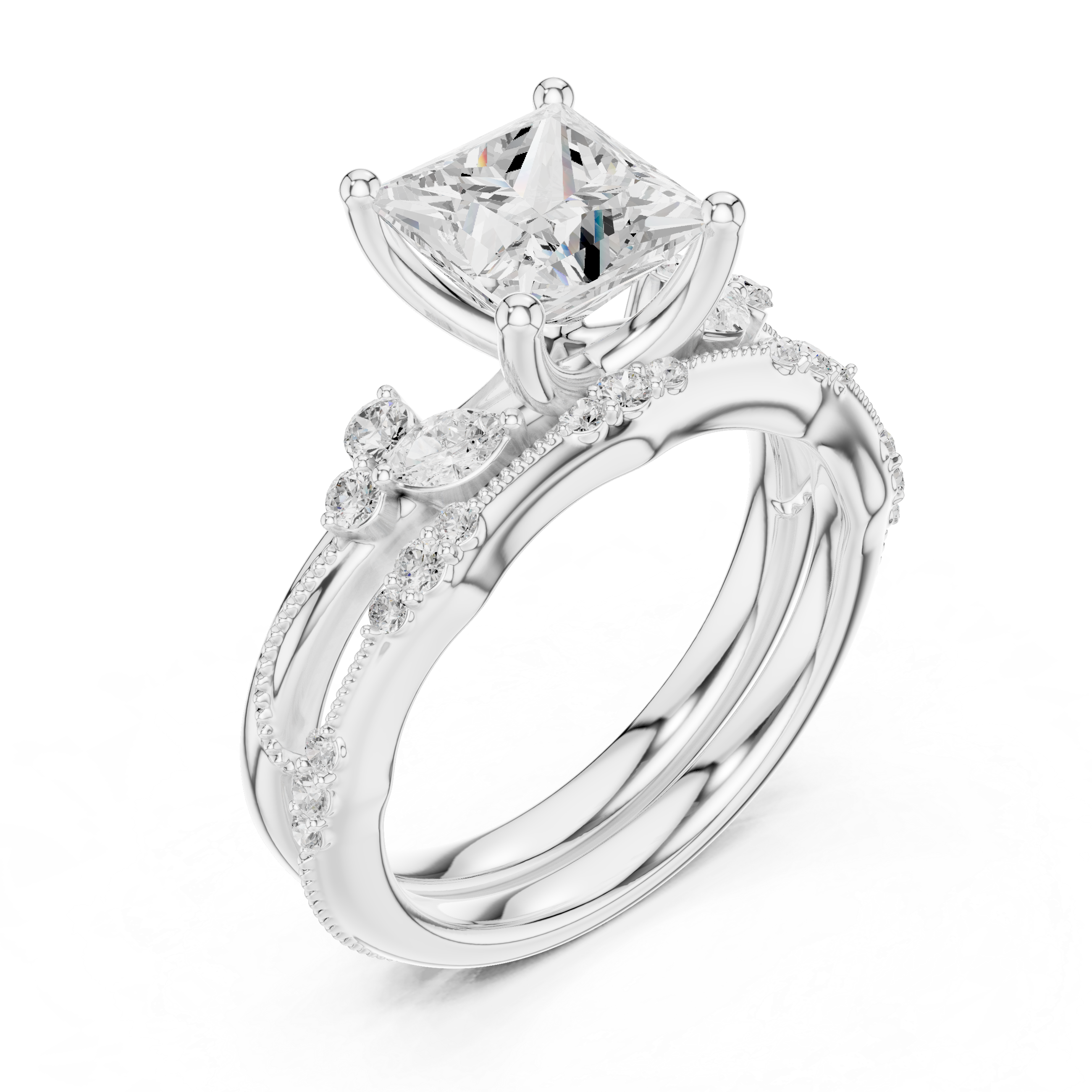 2.37 CT Princess Cut Diamond Bridal Ring Set with Marquise Accents