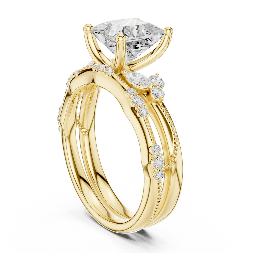 2.37 CT Princess Cut Diamond Bridal Ring Set with Marquise Accents