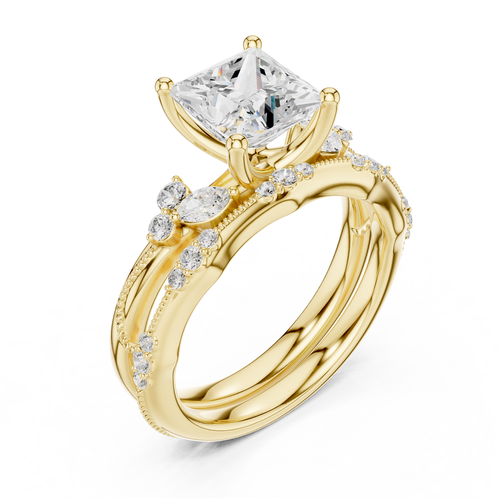2.37 CT Princess Cut Diamond Bridal Ring Set with Marquise Accents