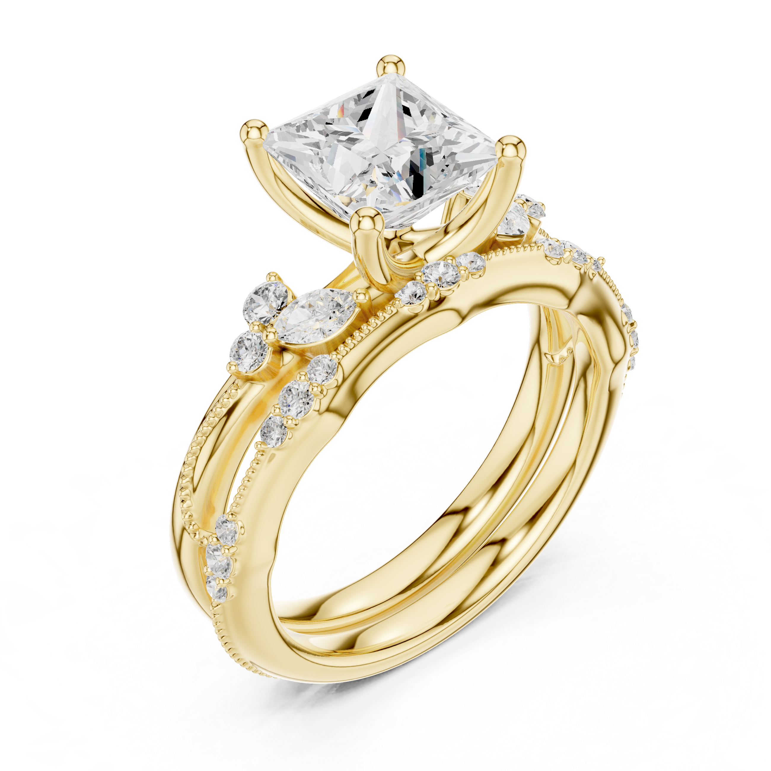 2.37 CT Princess Cut Diamond Bridal Ring Set with Marquise Accents