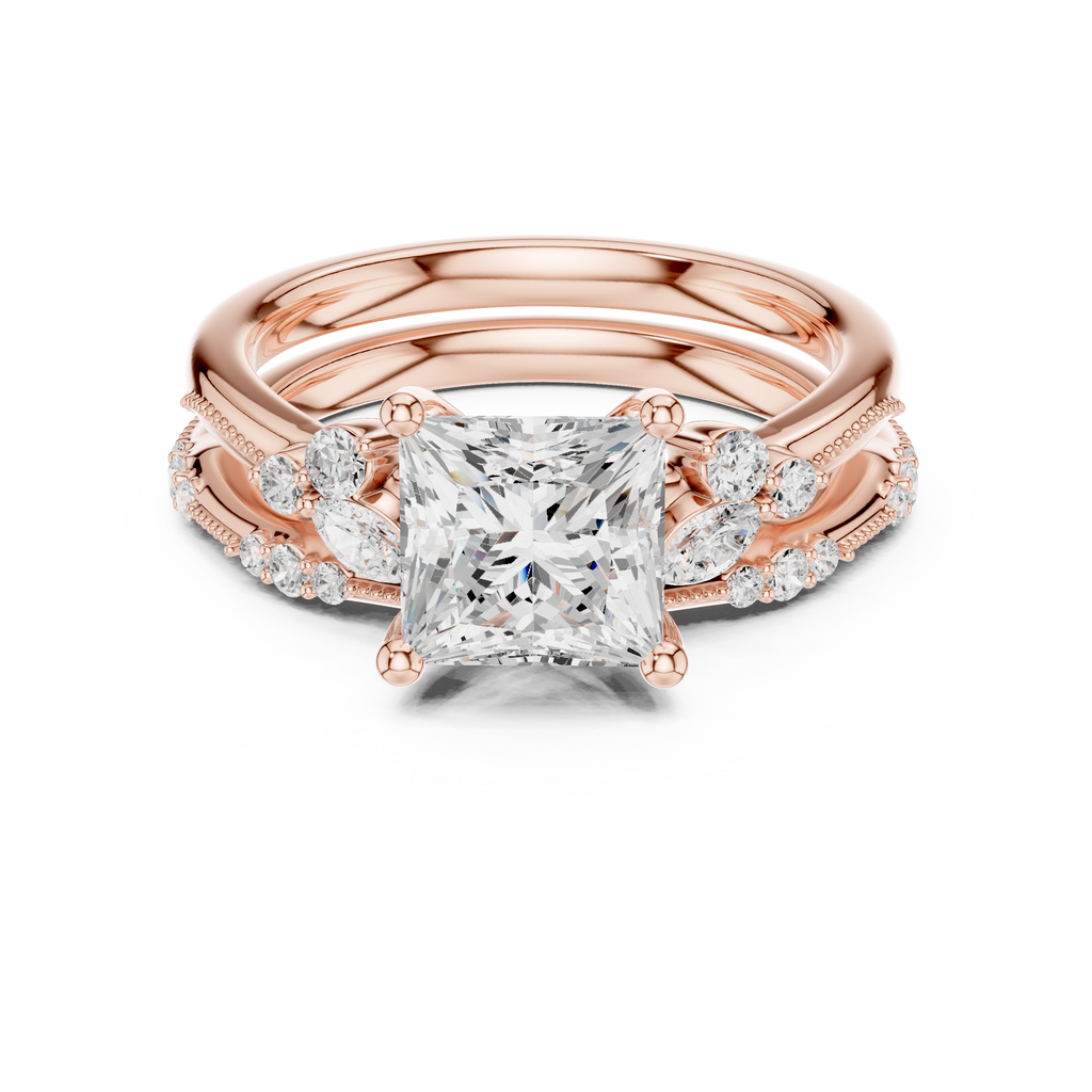 2.37 CT Princess Cut Diamond Bridal Ring Set with Marquise Accents