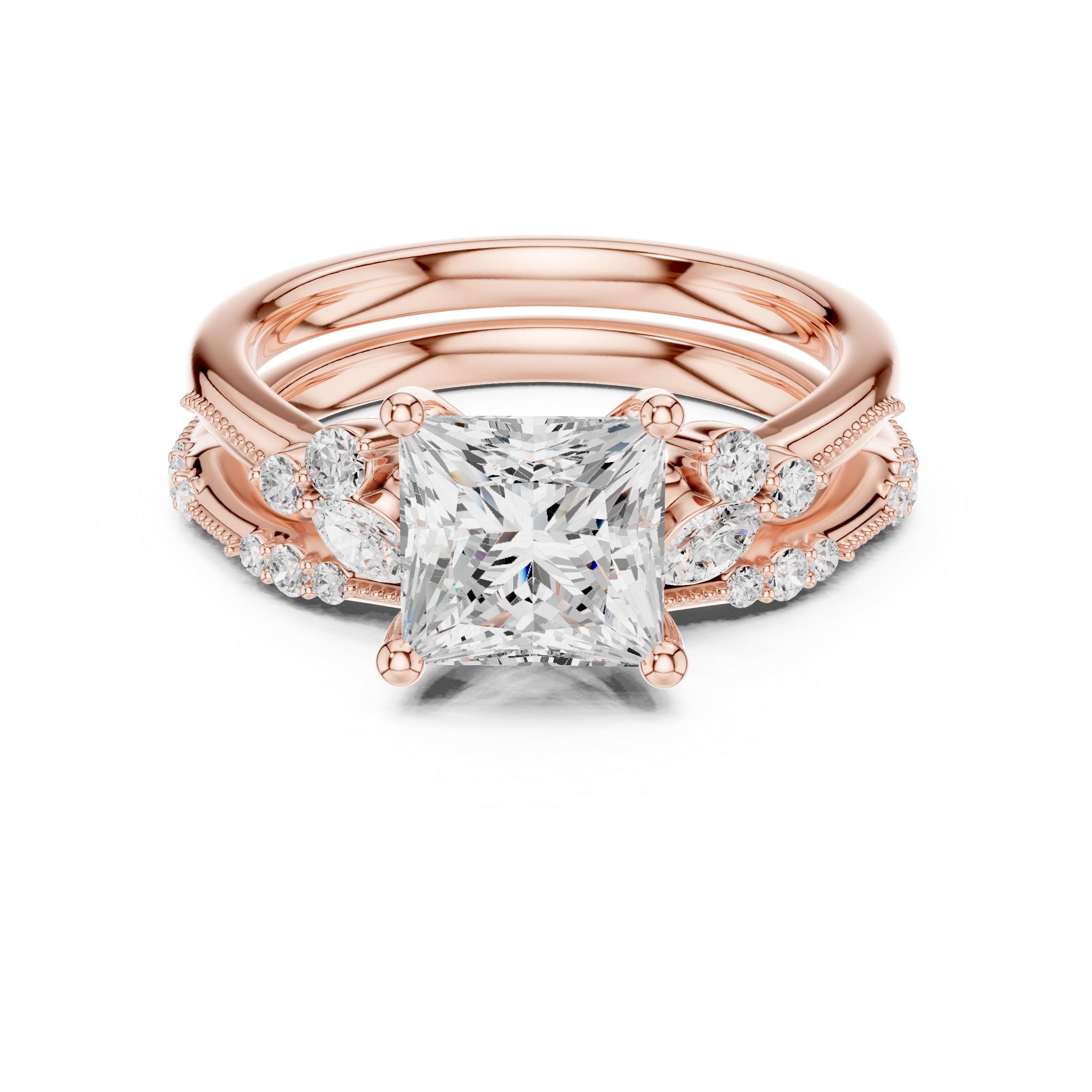 2.37 CT Princess Cut Diamond Bridal Ring Set with Marquise Accents