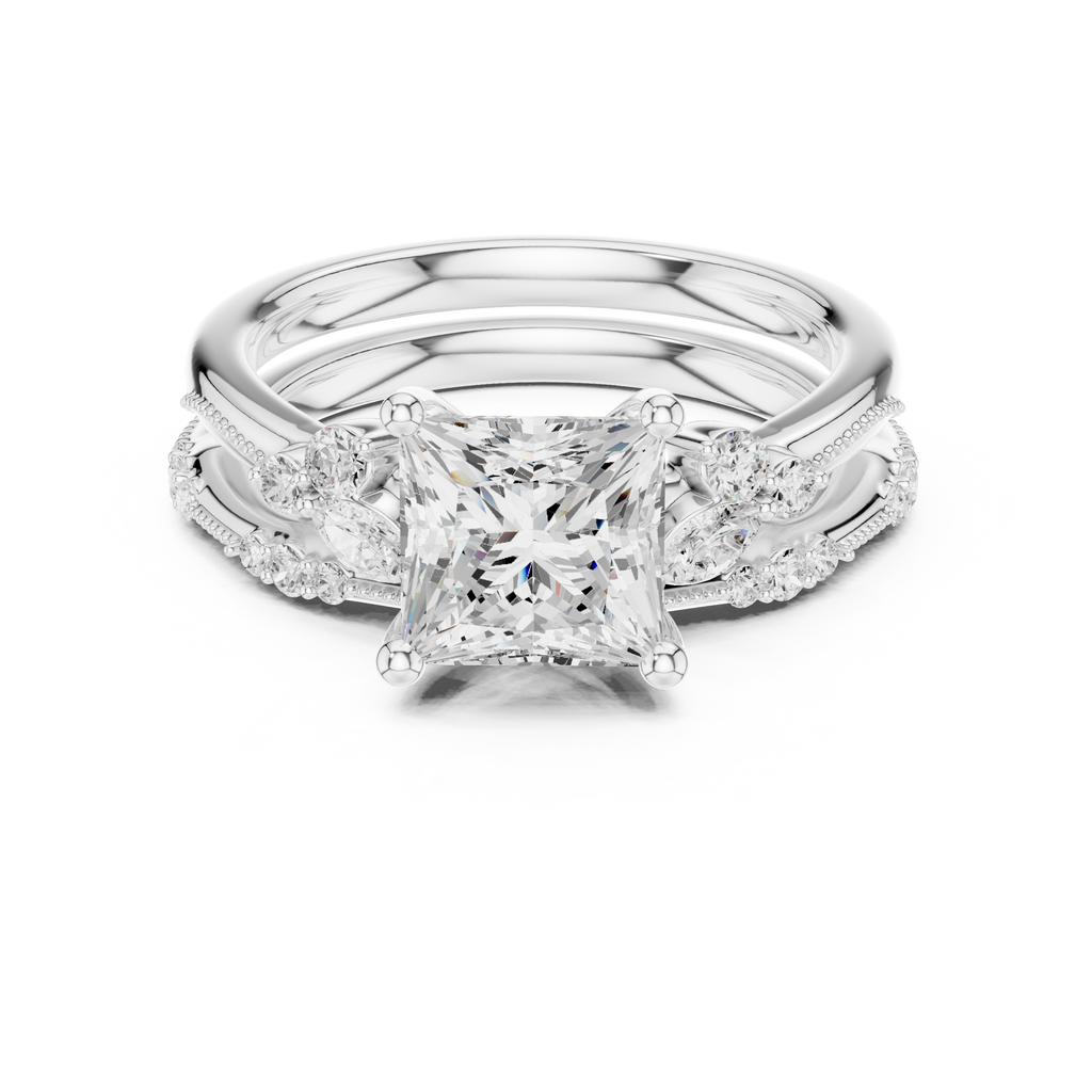 2.37 CT Princess Cut Diamond Bridal Ring Set with Marquise Accents