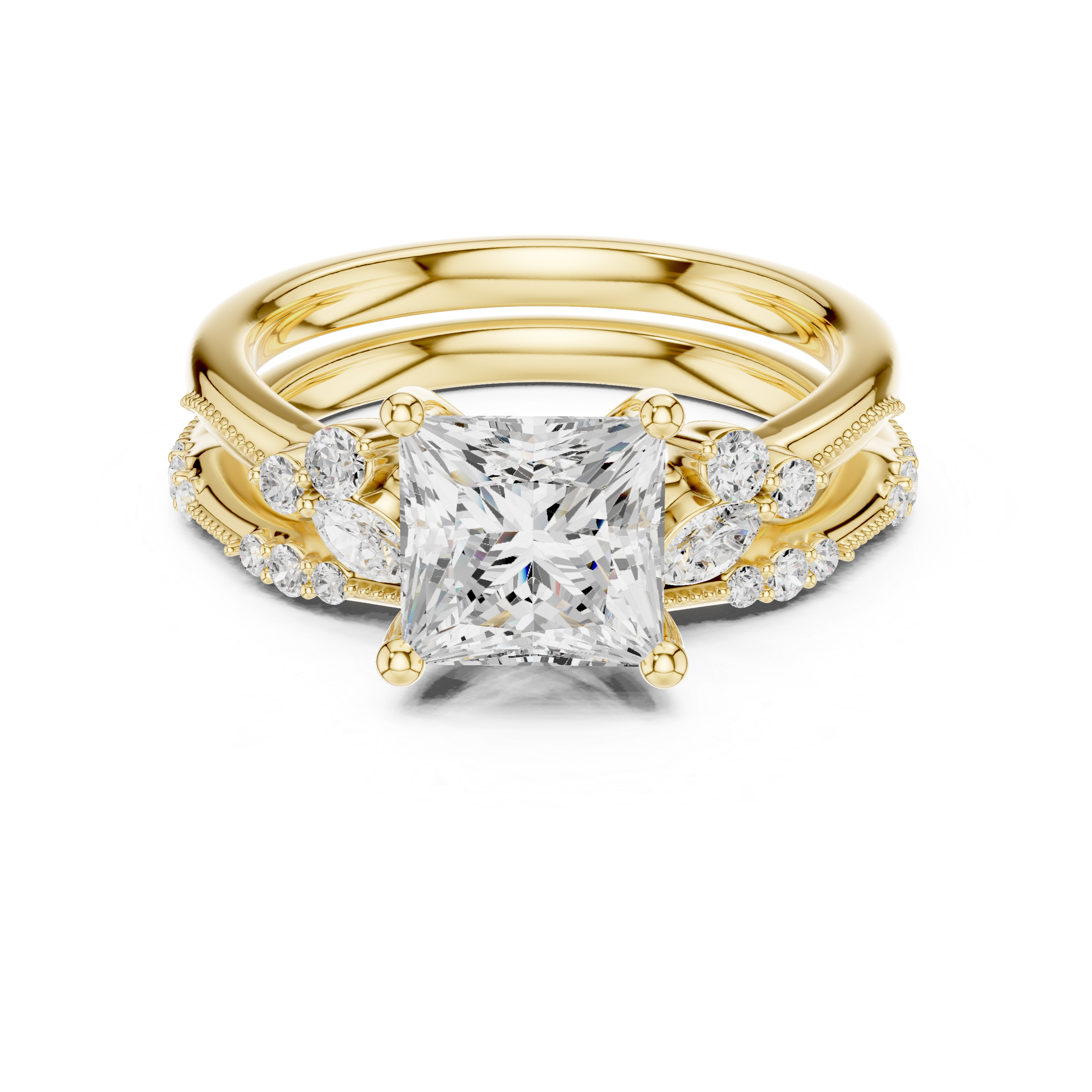 2.37 CT Princess Cut Diamond Bridal Ring Set with Marquise Accents
