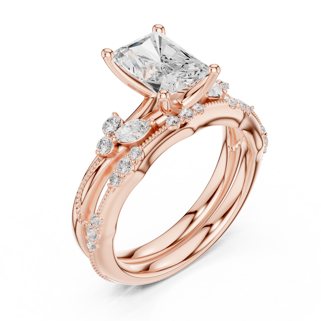 2.37 CT Radiant Cut Diamond Bridal Ring Set with Marquise Accents