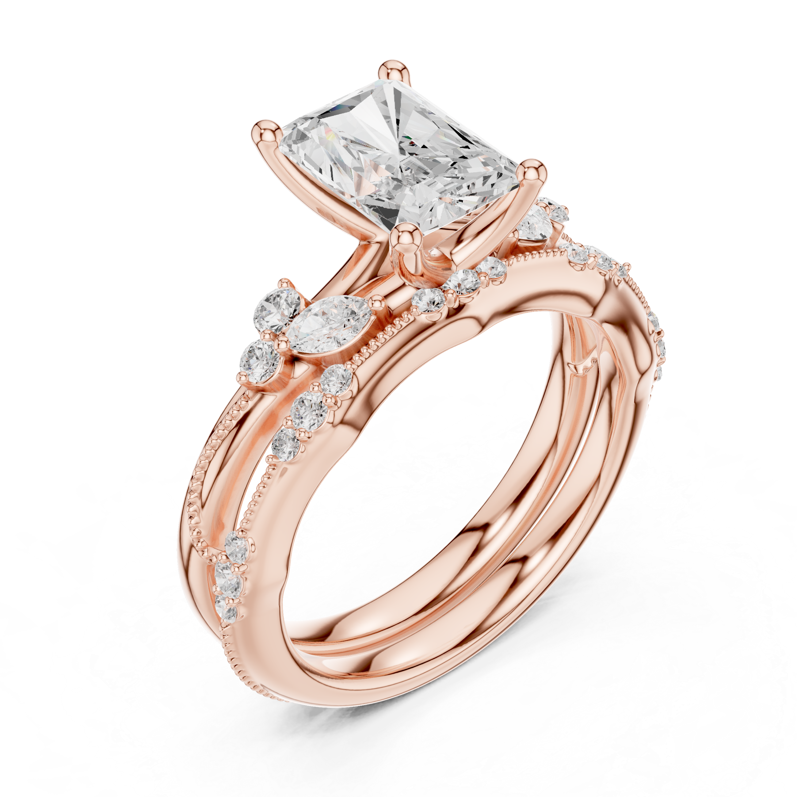 2.37 CT Radiant Cut Diamond Bridal Ring Set with Marquise Accents