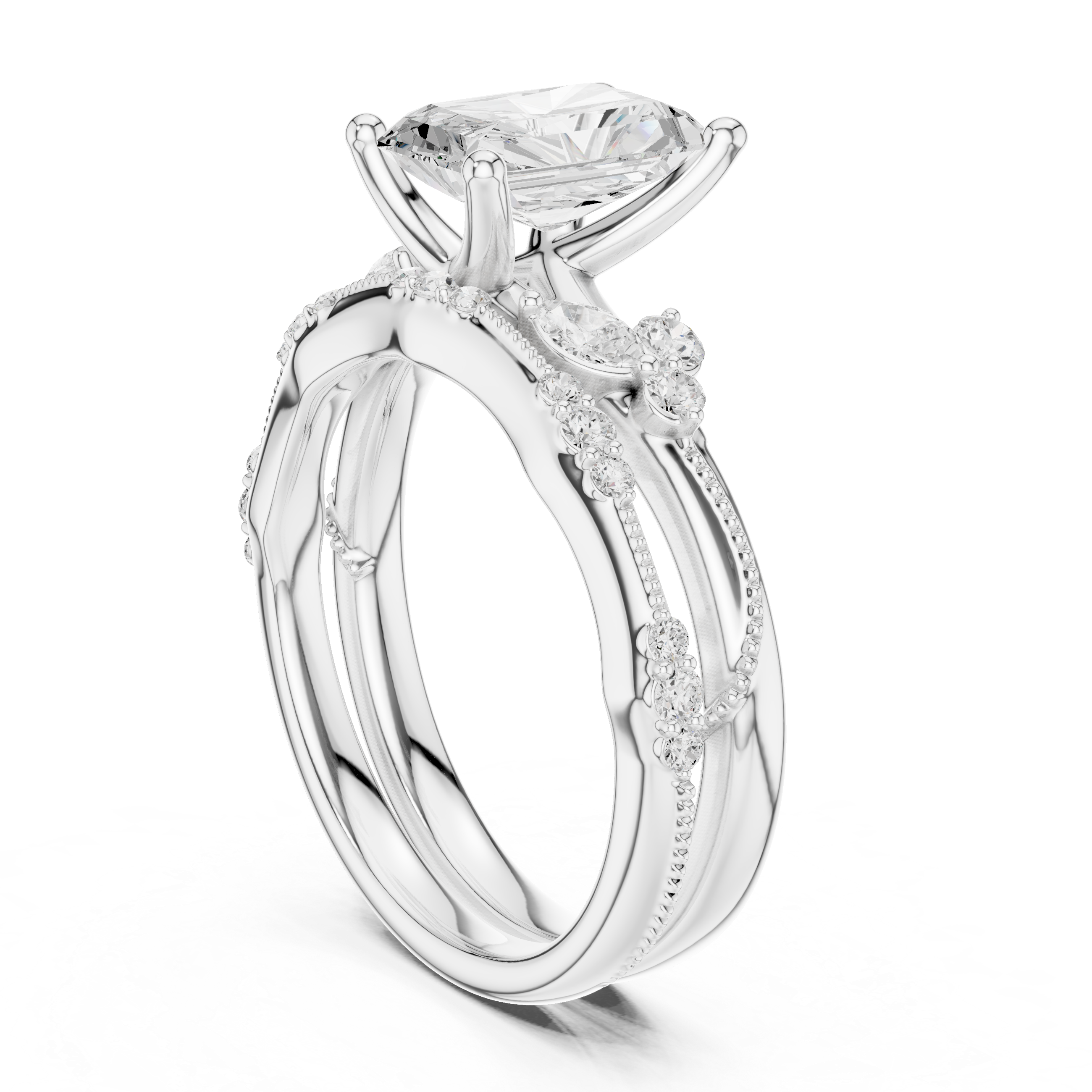 2.37 CT Radiant Cut Diamond Bridal Ring Set with Marquise Accents