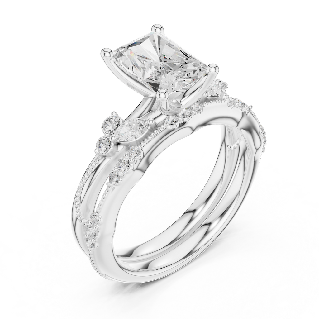 2.37 CT Radiant Cut Diamond Bridal Ring Set with Marquise Accents