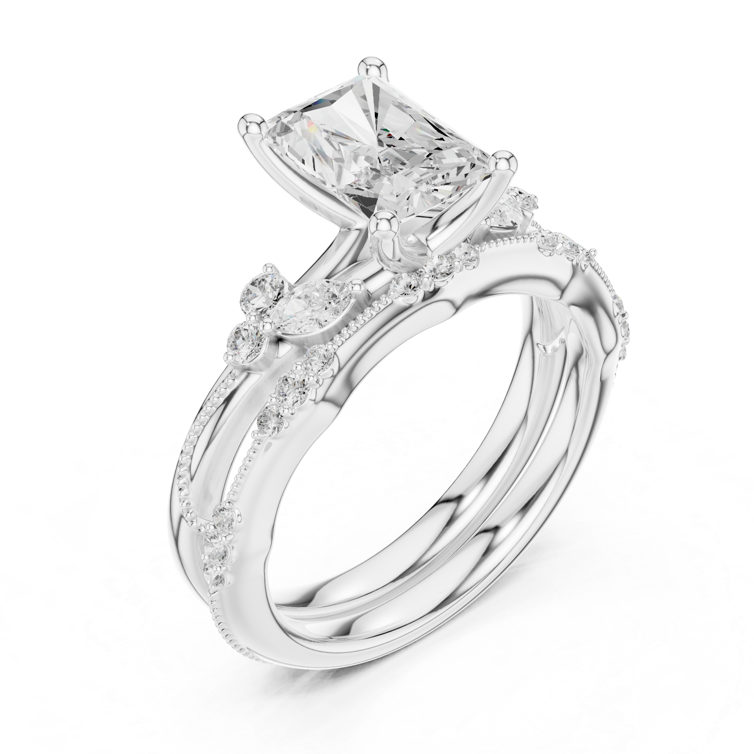 2.37 CT Radiant Cut Diamond Bridal Ring Set with Marquise Accents