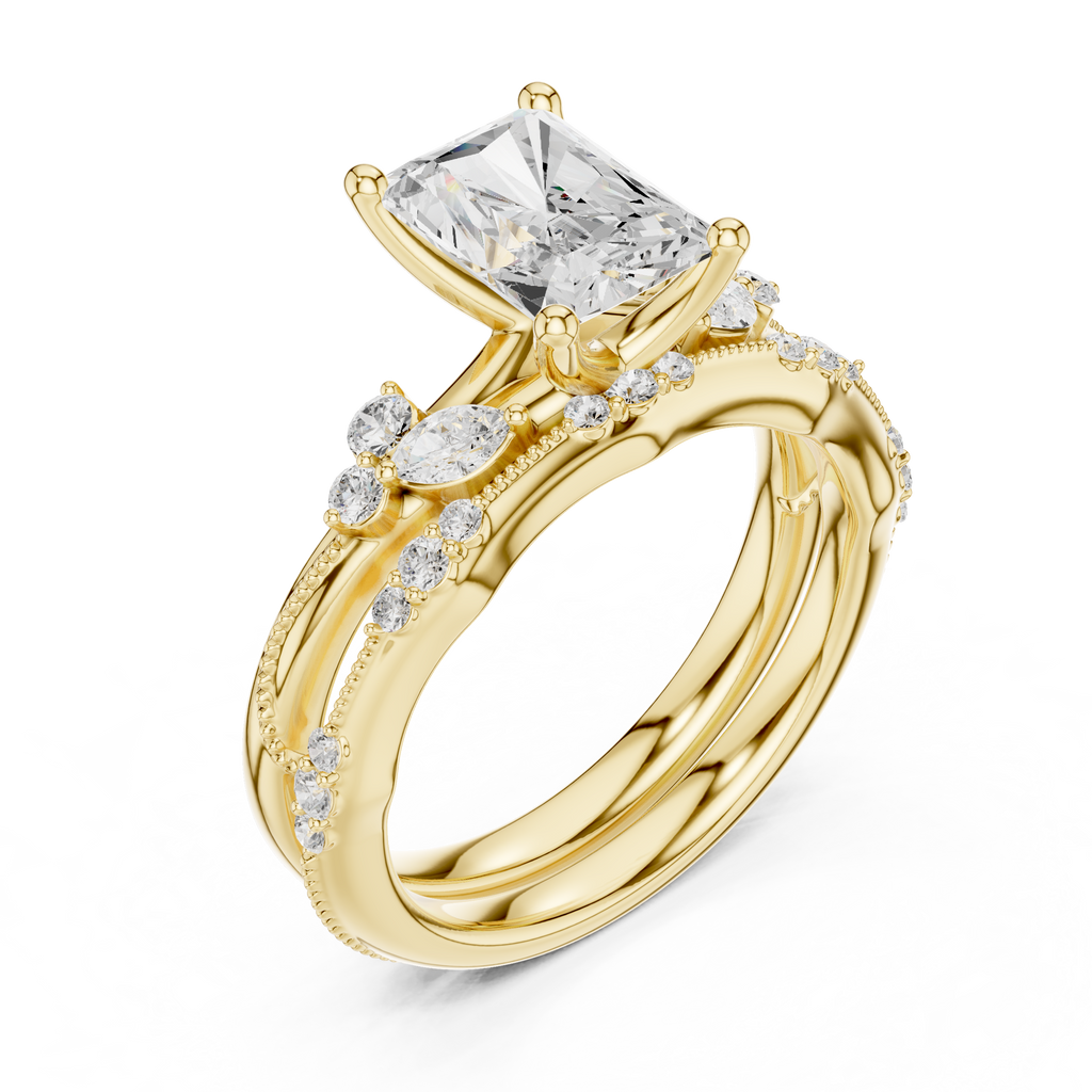 2.37 CT Radiant Cut Diamond Bridal Ring Set with Marquise Accents
