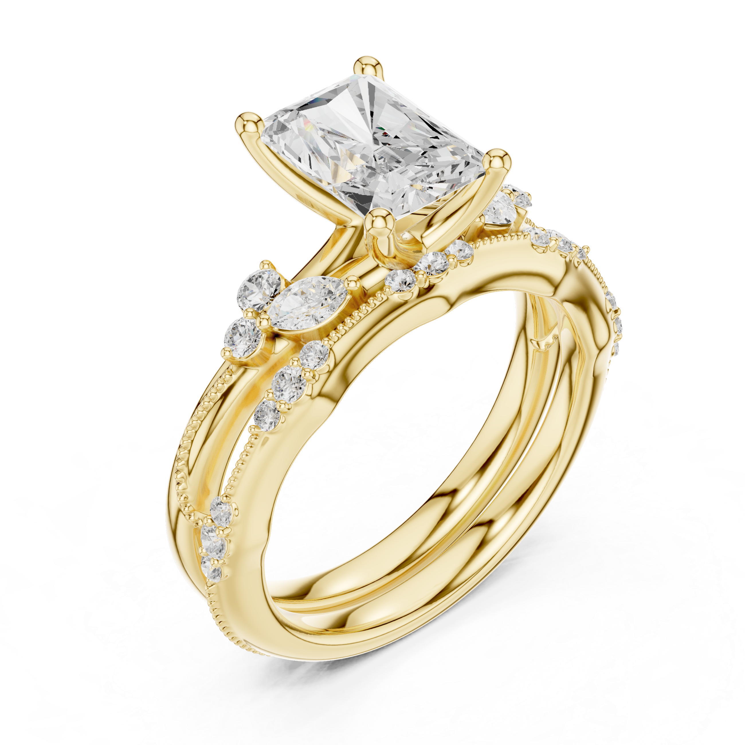 2.37 CT Radiant Cut Diamond Bridal Ring Set with Marquise Accents