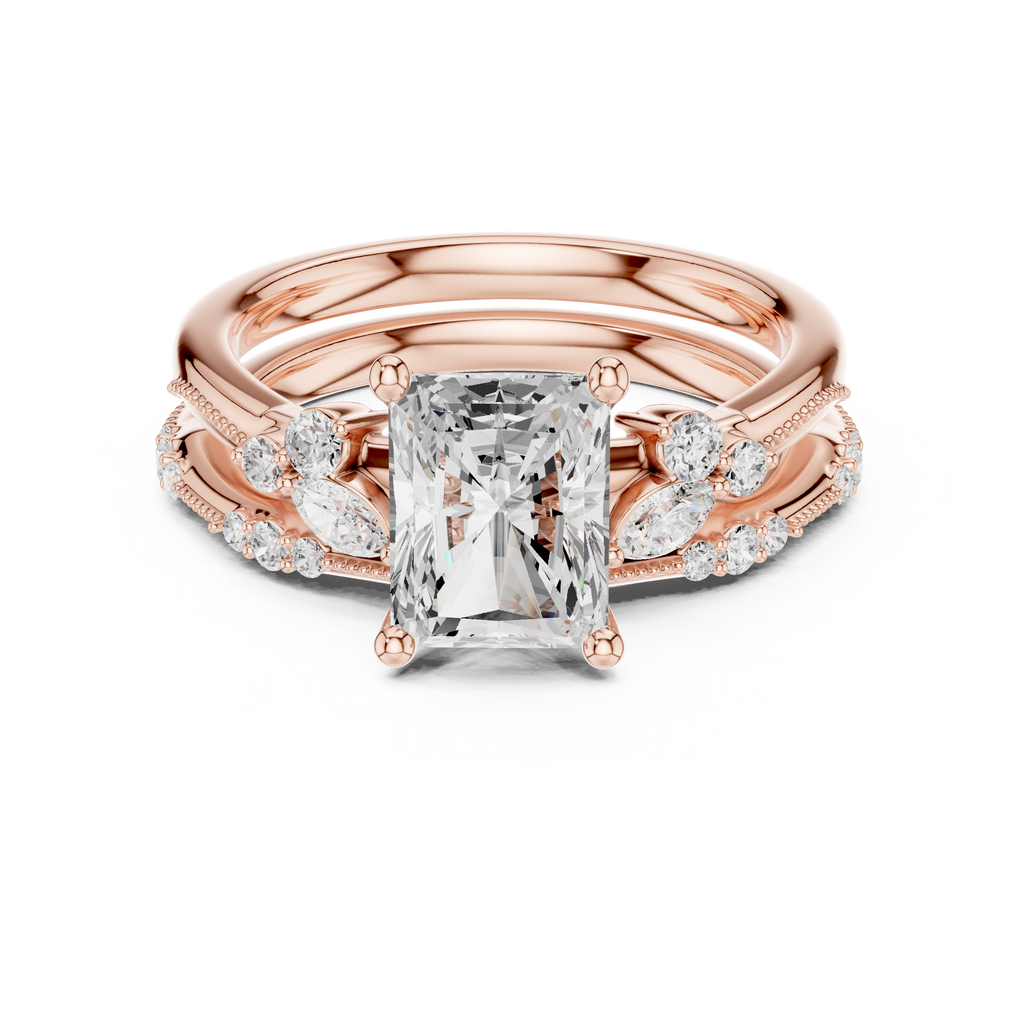 2.37 CT Radiant Cut Diamond Bridal Ring Set with Marquise Accents