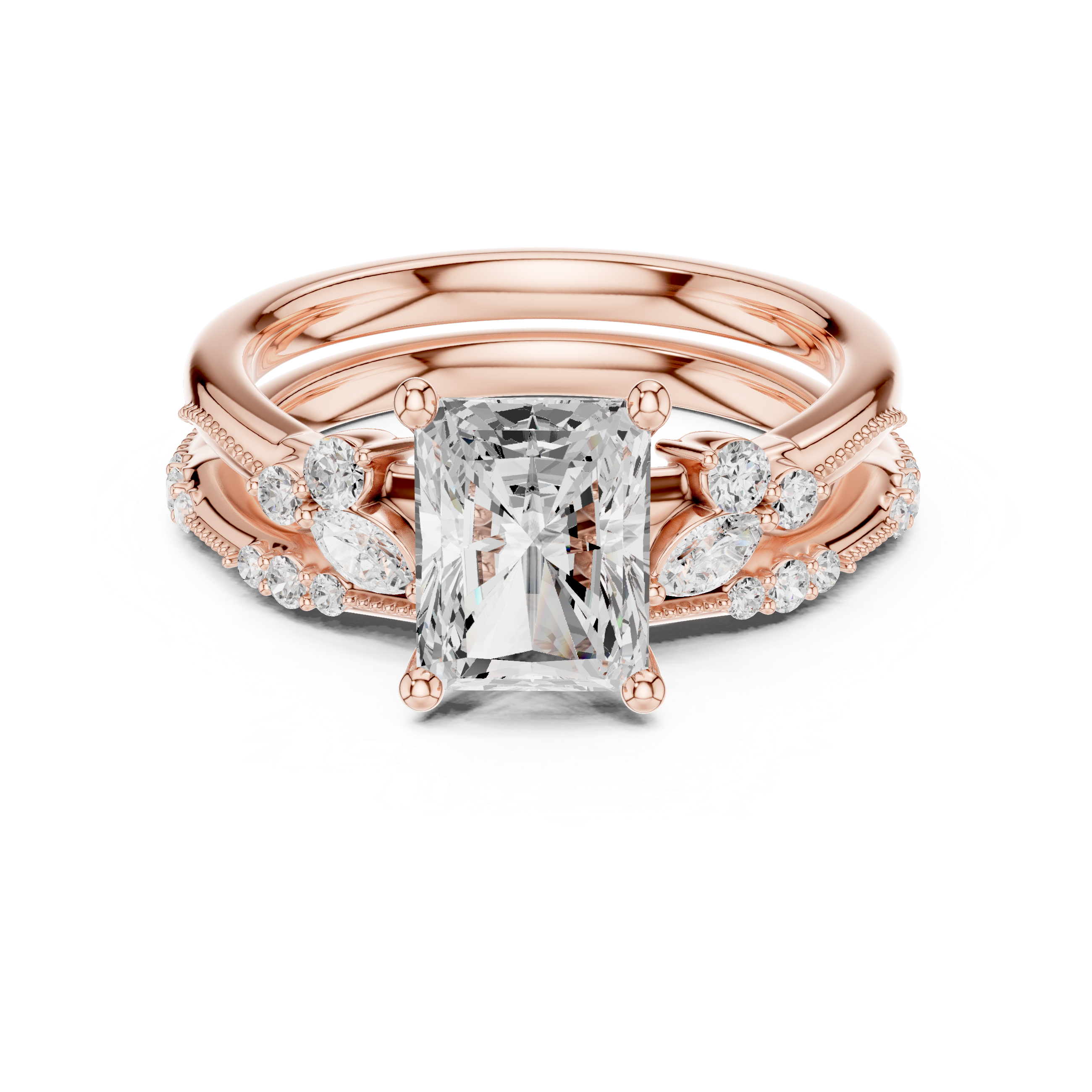 2.37 CT Radiant Cut Diamond Bridal Ring Set with Marquise Accents