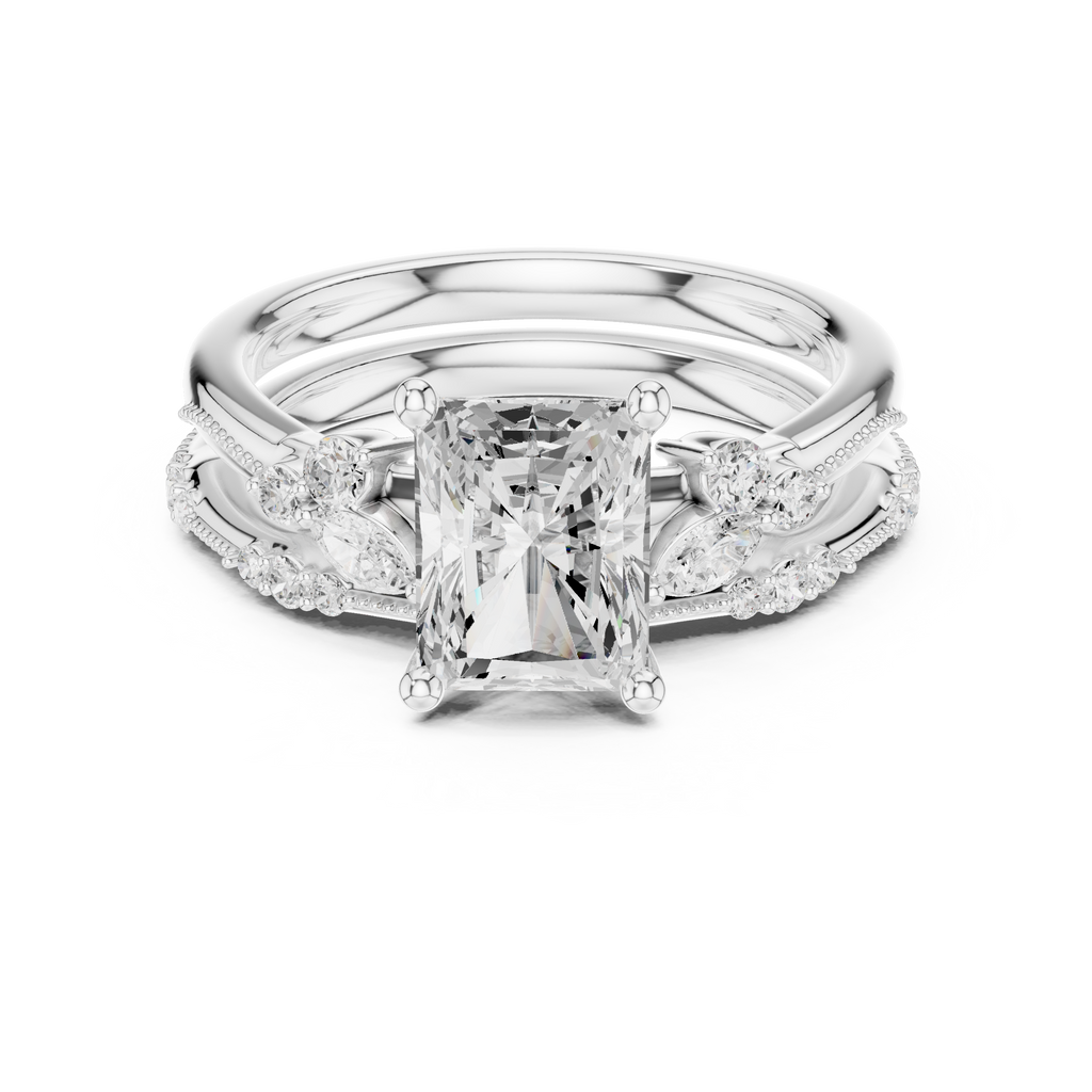 2.37 CT Radiant Cut Diamond Bridal Ring Set with Marquise Accents
