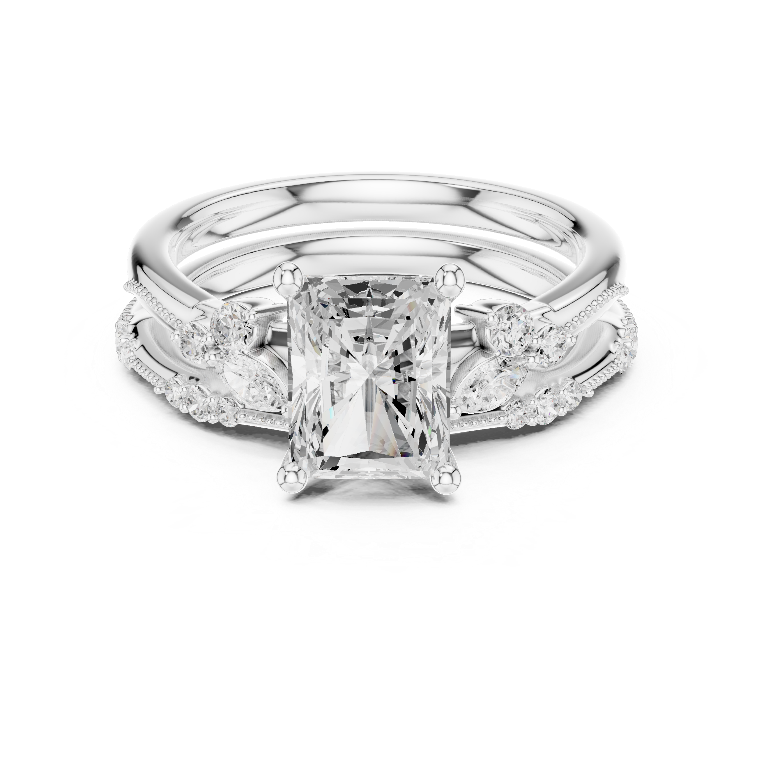 2.37 CT Radiant Cut Diamond Bridal Ring Set with Marquise Accents