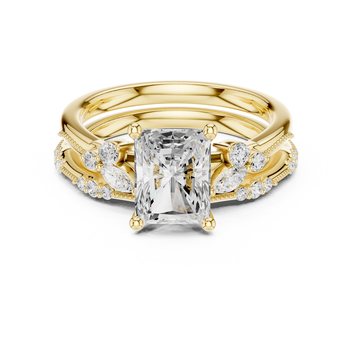 Radiant Cut Diamond Bridal Ring Set with Marquise Accents – view 9 of 12, lab grown diamond ring | Jewelix Atelier