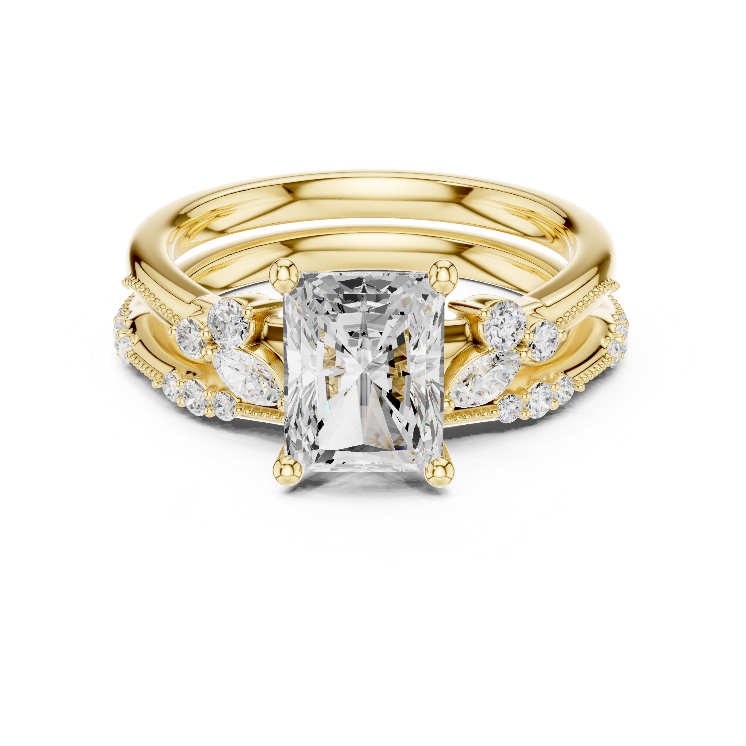2.37 CT Radiant Cut Diamond Bridal Ring Set with Marquise Accents