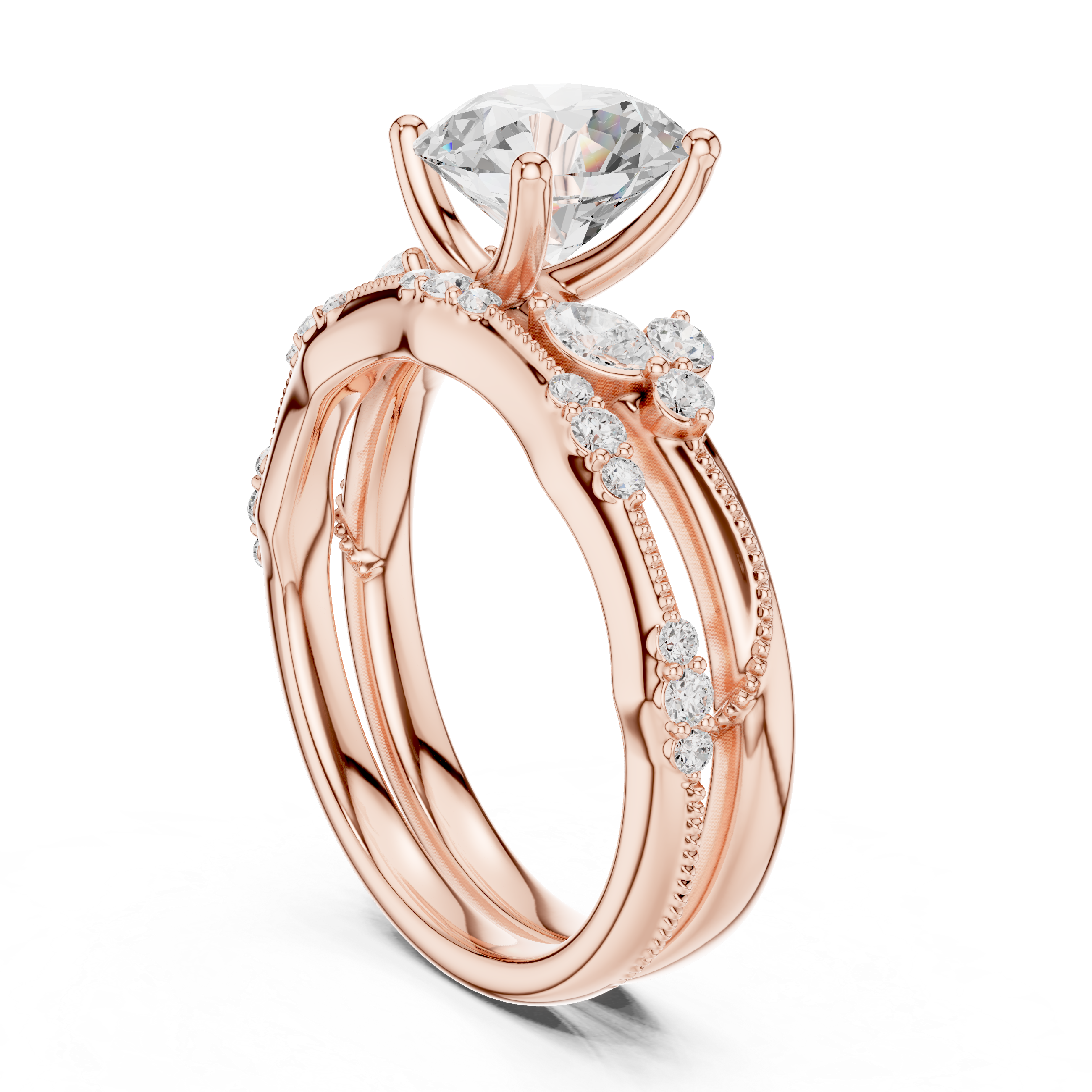 2.37 CT Round Cut Diamond Bridal Ring Set with Marquise Accents