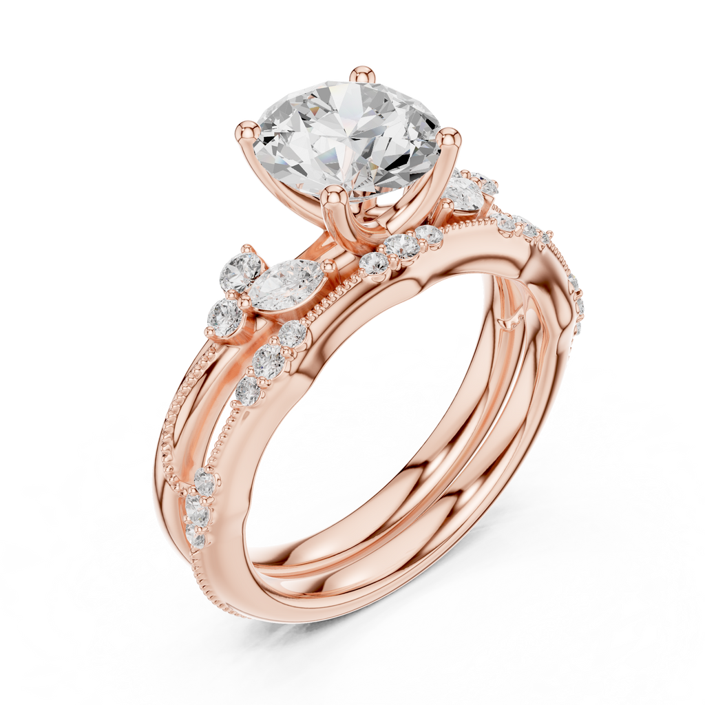 2.37 CT Round Cut Diamond Bridal Ring Set with Marquise Accents