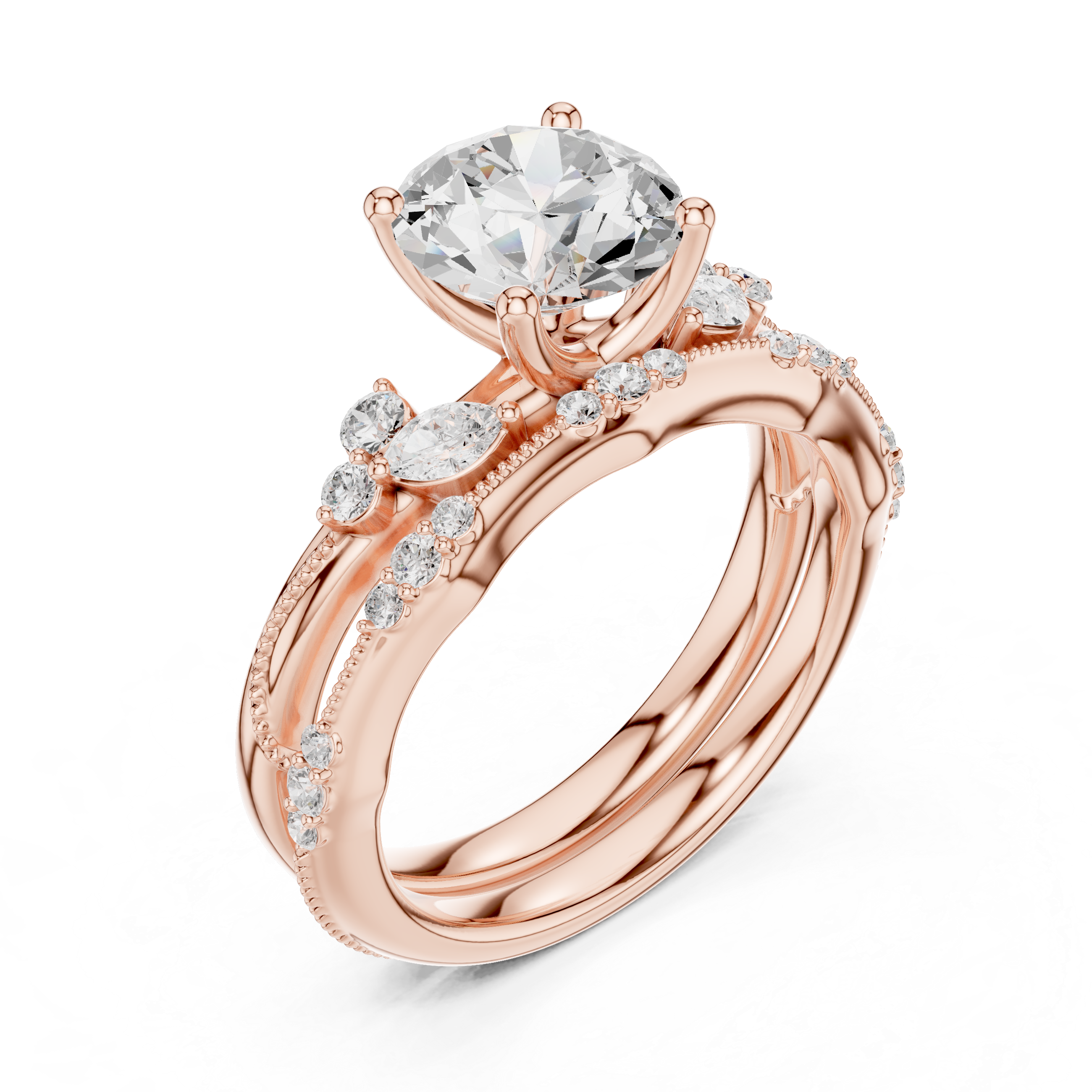 2.37 CT Round Cut Diamond Bridal Ring Set with Marquise Accents