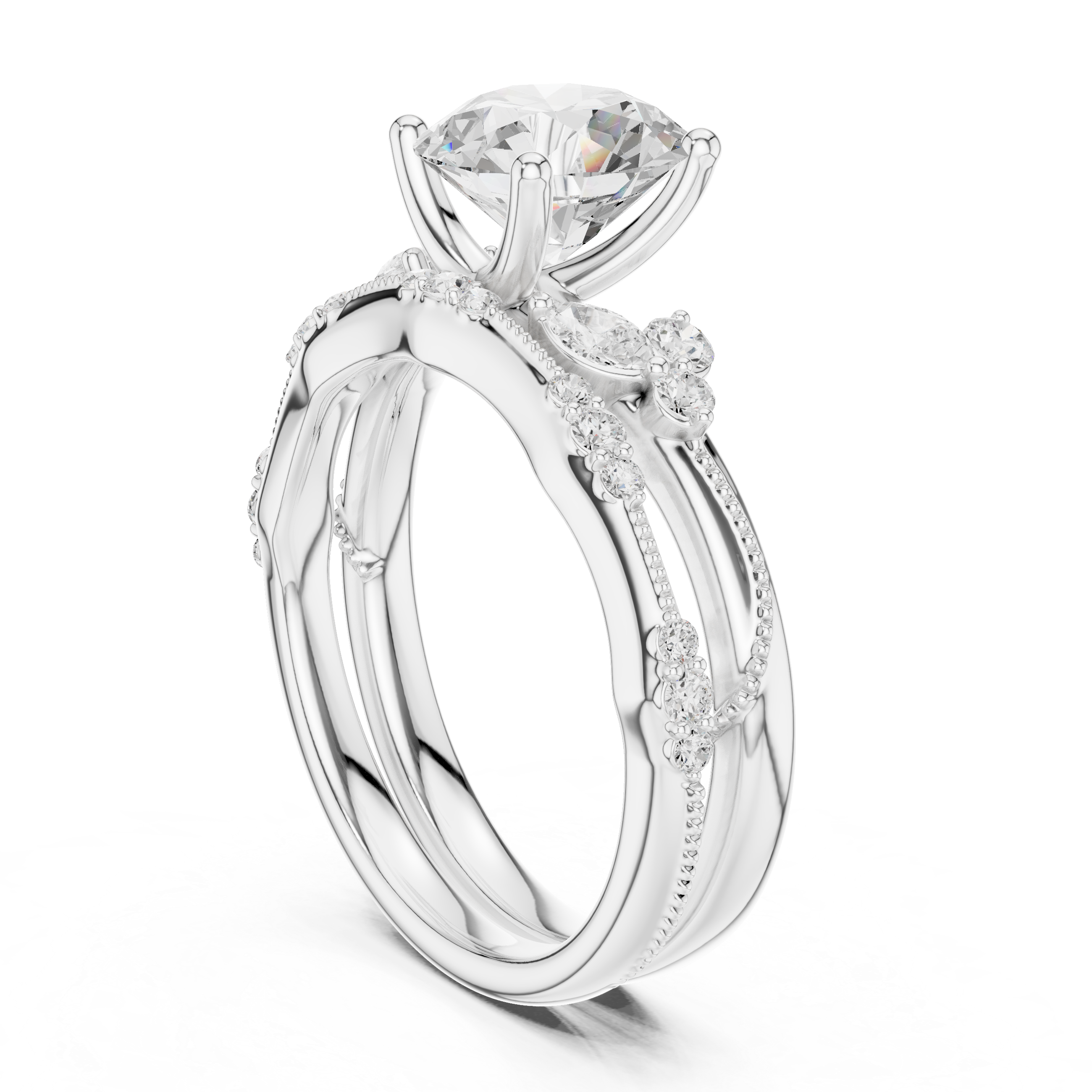 2.37 CT Round Cut Diamond Bridal Ring Set with Marquise Accents