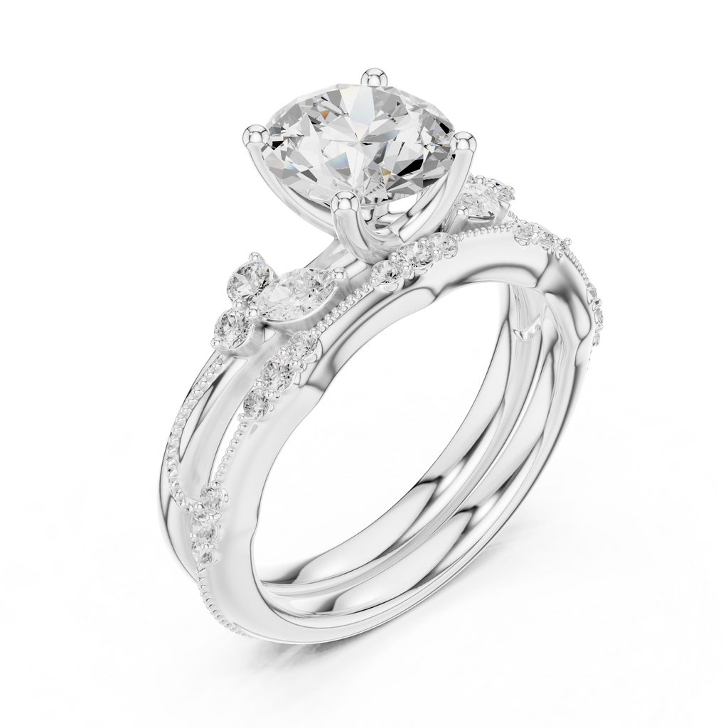 2.37 CT Round Cut Diamond Bridal Ring Set with Marquise Accents