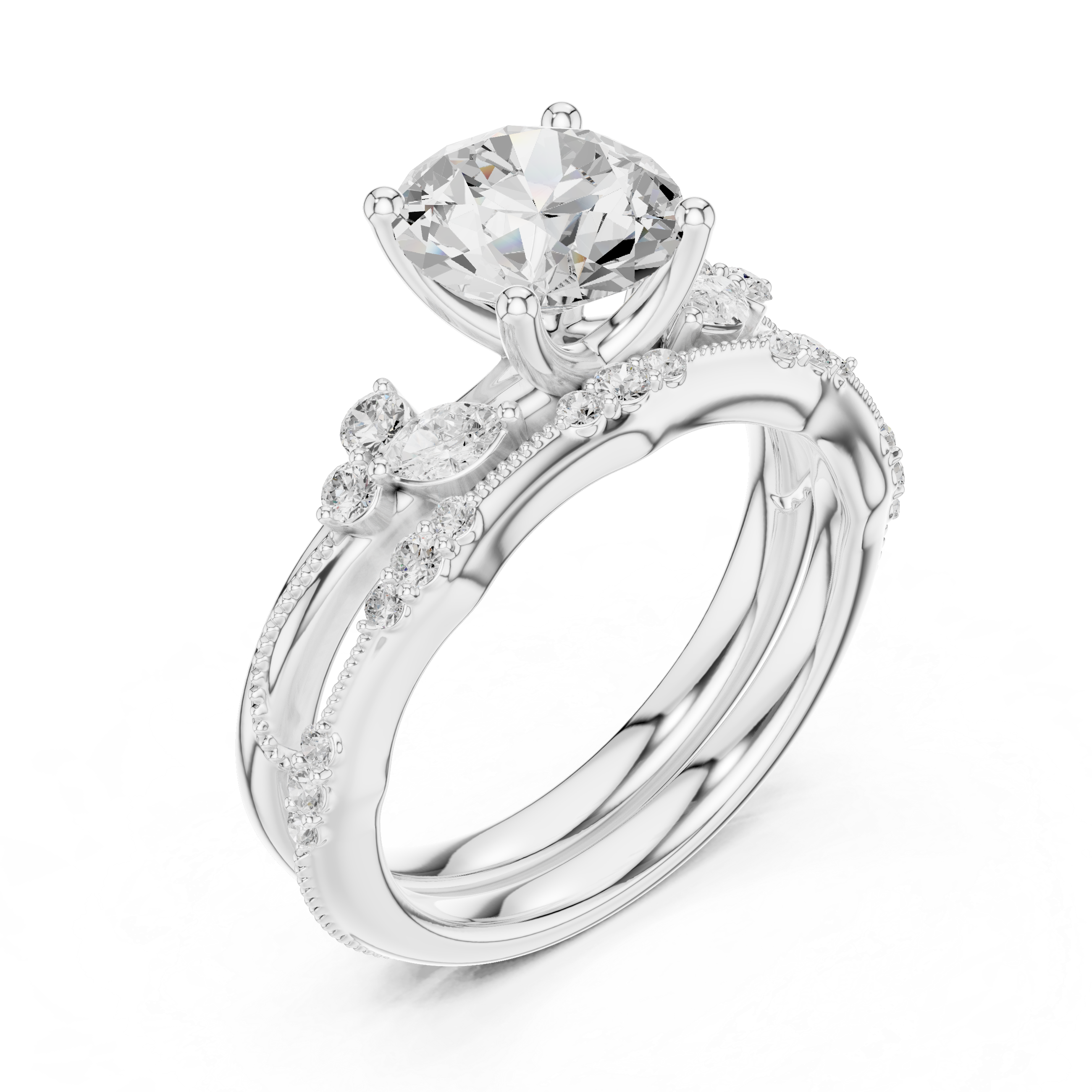 2.37 CT Round Cut Diamond Bridal Ring Set with Marquise Accents
